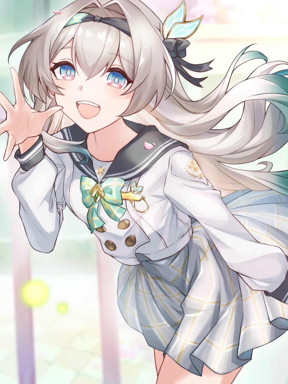 firefly (honkai: star rail), firefly (spring missive) (honkai: star rail), honkai: star rail, honkai (series), highres, 1girl, bow, gradient hair, green bow, green hair, grey hair, grey skirt, hair between eyes, hair intakes, hair ornament, long hair, long sleeves, looking at viewer, multicolored hair, official alternate costume, open mouth, pink eyes, plaid bow, plant, renoyule, school uniform, serafuku, skirt, smile, solo
