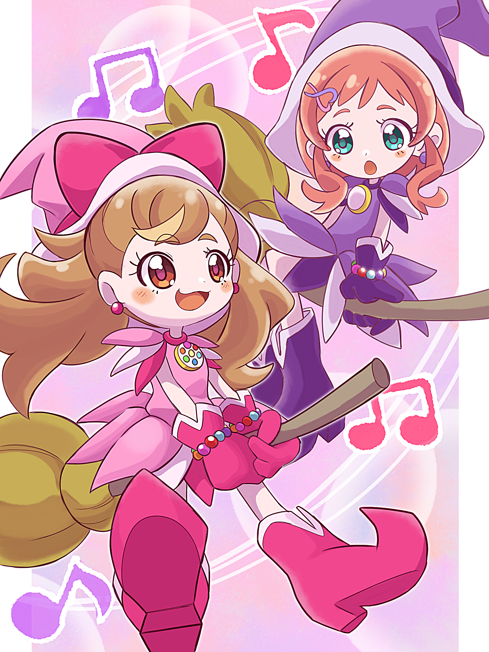 kuro (user uwrm3742), harukaze doremi, inukai iroha, inukai komugi, segawa onpu, ojamajo doremi, precure, toei company, wonderful precure!, pointy footwear, commentary, english commentary, highres, 2girls, :d, :o, alternate hairstyle, aqua eyes, bead bracelet, beads, beamed eighth notes, blush stickers, boots, bow, bracelet, brooch, broom, broom riding, brown eyes, brown hair, bubble background, color connection, company connection, cosplay, creator connection, deformed, dress, earrings, eighth note, frilled dress, frilled sleeves, frills, full body, gloves, hair bow, hair ornament, hairclip, harukaze doremi (cosplay), hat, heart, heart hair ornament, jewelry, knee boots, letterboxed, long hair, looking ahead, looking at another, magical girl, multiple girls, musical note, musical note background, open mouth, orange hair, pink background, pink boots, pink bow, pink dress, pink gloves, pink hat, purple boots, purple dress, purple gloves, purple hat, segawa onpu (cosplay), short dress, short hair with long locks, short sleeves, smile, sphere earrings, training tap, twintails, witch, witch hat