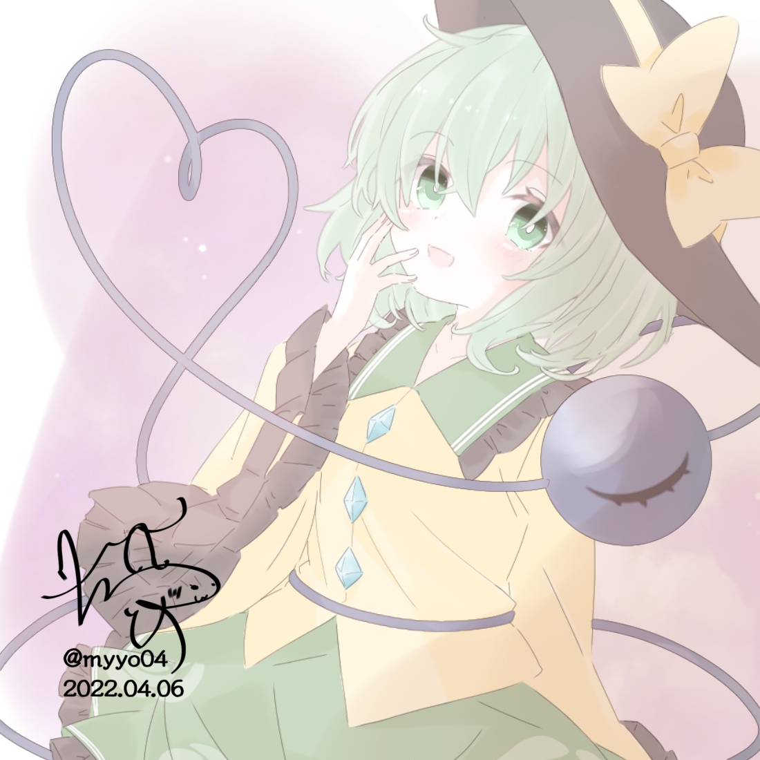 chame (myyo04), komeiji koishi, touhou, commentary request, 1girl, black hat, bow, buttons, collared shirt, dated, diamond button, eyeball, frilled shirt collar, frilled skirt, frilled sleeves, frills, green eyes, green hair, green skirt, hat, hat bow, heart, heart of string, long sleeves, looking at viewer, open mouth, shirt, signature, skirt, smile, solo, third eye, twitter username, wide sleeves, yellow bow, yellow shirt