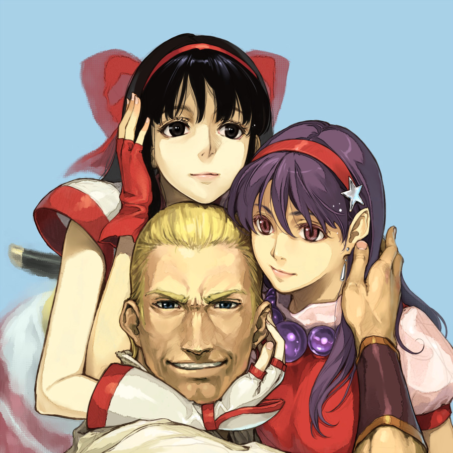 hidari (left side), asamiya athena, geese howard, nakoruru, fatal fury, samurai spirits, snk, the king of fighters, 1boy, 2girls, ainu clothes, alternate eye color, black eyes, black hair, blonde hair, blue eyes, closed mouth, crossover, fingerless gloves, gloves, hair ribbon, hand on another's face, lips, long hair, looking at viewer, multiple girls, purple hair, red eyes, ribbon, short hair, simple background, smile