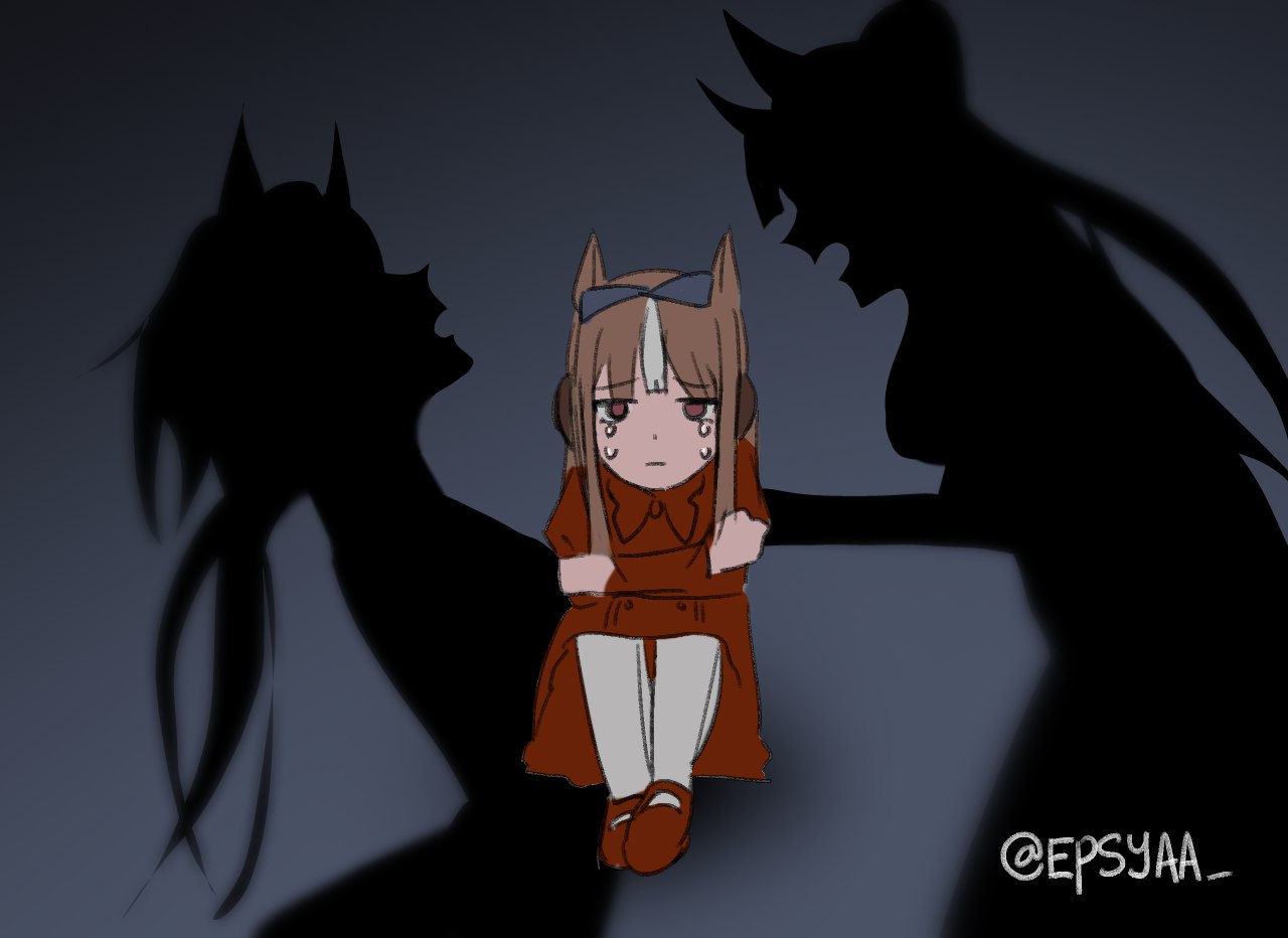gold ship (umamusume), stay gold (umamusume), original, umamusume, commentary, commentary request, 2girls, :|, aged down, animal ears, blue bow, blunt tresses, bow, bowtie, brown eyes, brown hair, buttons, closed mouth, crying, crying with eyes open, double-parted bangs, dress, ear covers, epsyaa, full body, grey background, hair bow, horse ears, horse girl, hugging own legs, long hair, multiple girls, no pupils, pantyhose, point flag (racehorse), raised inner eyebrows, red bow, red bowtie, red button, red dress, red shoes, shadow, shoes, short dress, signature, silhouette, simple background, solo focus, tears, white pantyhose, white streaks, worried