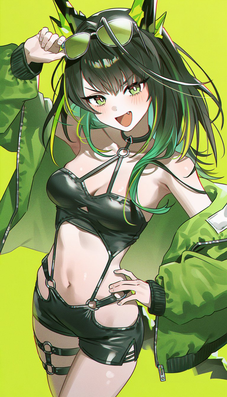 booool, mon3tr (arknights), arknights, ai-assisted, highres, stable diffusion, 1girl, :d, adjusting eyewear, animal ears, arm up, bare shoulders, black choker, black hair, black shorts, blush, breasts, choker, cleavage, crop top, eyewear on head, fang, green background, green eyes, green hair, green jacket, green theme, hand on eyewear, hand on own hip, jacket, long hair, long sleeves, looking at viewer, medium breasts, midriff, multicolored hair, navel, o-ring, off shoulder, open clothes, open jacket, open mouth, short shorts, shorts, simple background, smile, solo, stomach, sunglasses, thigh strap, thighs, v-shaped eyebrows
