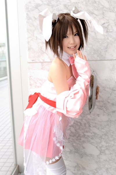 kipi-san, hinomori mina, pia carrot (series), pia carrot e youkoso!!, photo (medium), 1girl, apron, asian, bare shoulders, cosplay, detached sleeves, female focus, hair ribbon, hinomori mina (cosplay), indoors, lace, looking at viewer, ribbon, solo, thighhighs, twintails, waitress, waitress uniform, zettai ryouiki
