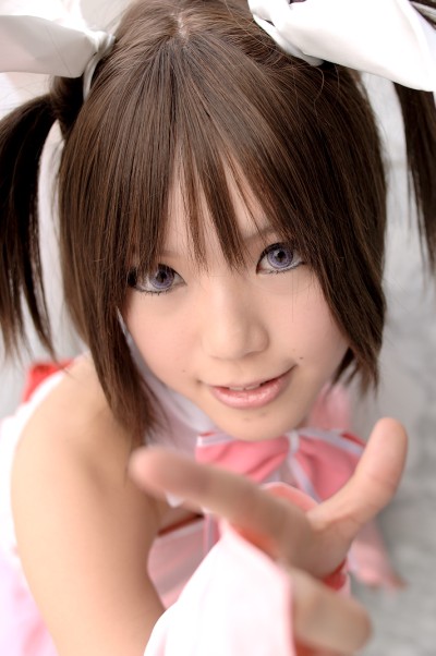 kipi-san, hinomori mina, pia carrot (series), pia carrot e youkoso!!, photo (medium), 1girl, apron, asian, bare shoulders, blue eyes, color contacts, cosplay, detached sleeves, female focus, hair ribbon, hinomori mina (cosplay), indoors, lace, looking at viewer, ribbon, solo, twintails, waitress, waitress uniform