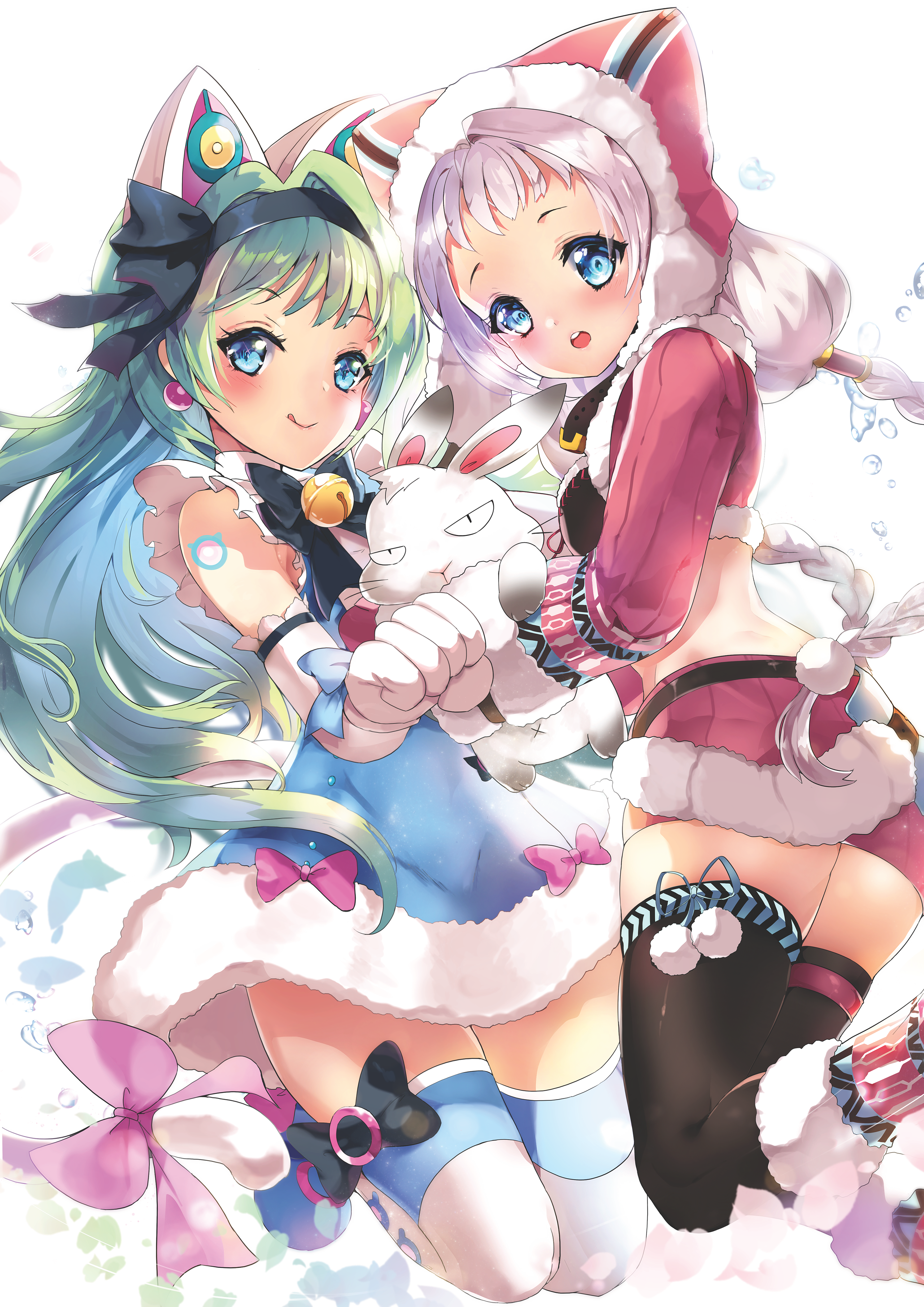 cassie (master of eternity), mimi (master of eternity), master of eternity, braided twintails, absurdres, artist request, bad source, commentary request, highres, korean commentary, variant set, 2girls, :o, :q, animal, animal ears, animal hood, black bow, black hairband, black thighhighs, blue dress, blue eyes, blue thighhighs, blush, bow, bow hairband, braid, bubble, cat ears, cat hood, clenched hand, crop top, dot nose, dress, elbow gloves, fake animal ears, gloves, green hair, grey hair, hairband, holding, holding animal, holding rabbit, hood, inue (master of eternity), long hair, looking at viewer, midriff, multiple girls, open mouth, pink bow, pink skirt, pom pom (clothes), rabbit, skirt, sleeveless, sleeveless dress, smile, tail, tail bow, tail ornament, teeth, thighhighs, tongue, tongue out, upper teeth only, white background, white gloves, white tail, x navel, zettai ryouiki