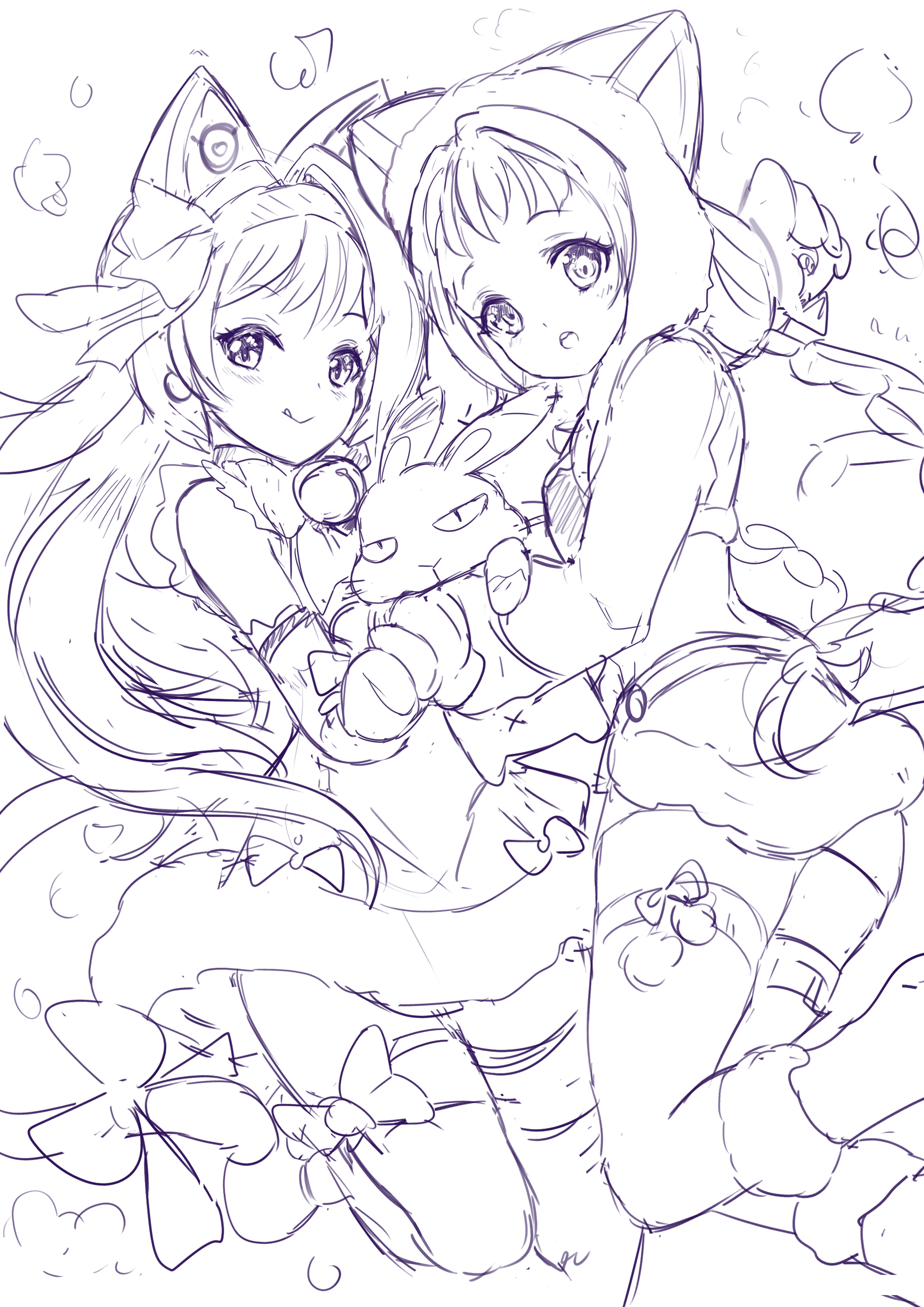 cassie (master of eternity), mimi (master of eternity), master of eternity, braided twintails, absurdres, artist request, bad source, commentary request, highres, korean commentary, unfinished, variant set, 2girls, :o, :q, animal, animal ears, animal hood, blush, bow, bow hairband, braid, bubble, cat ears, cat hood, clenched hand, crop top, dot nose, dress, elbow gloves, fake animal ears, gloves, greyscale, hairband, holding, holding animal, holding rabbit, hood, inue (master of eternity), lineart, long hair, looking at viewer, midriff, monochrome, multiple girls, open mouth, pom pom (clothes), rabbit, sketch, skirt, sleeveless, sleeveless dress, smile, tail, tail bow, tail ornament, teeth, thighhighs, tongue, tongue out, upper teeth only, white background, x navel, zettai ryouiki