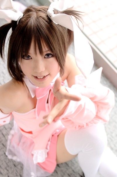 kipi-san, hinomori mina, pia carrot (series), pia carrot e youkoso!!, photo (medium), 1girl, apron, asian, bare shoulders, cosplay, detached sleeves, female focus, hair ribbon, hinomori mina (cosplay), indoors, lace, looking at viewer, ribbon, solo, thighhighs, twintails, waitress, waitress uniform, white thighhighs, zettai ryouiki