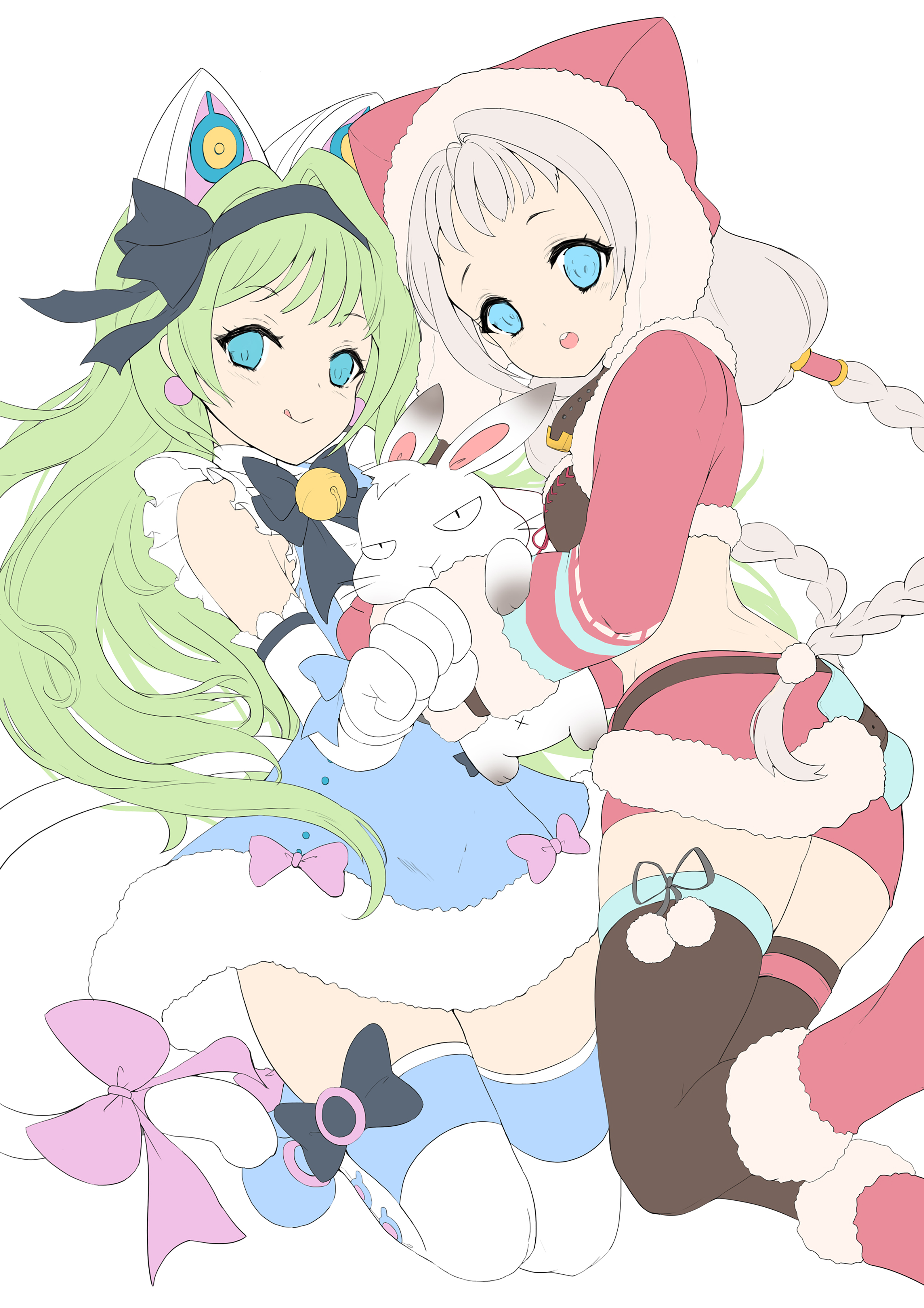 cassie (master of eternity), mimi (master of eternity), master of eternity, braided twintails, absurdres, artist request, bad source, commentary request, highres, korean commentary, unfinished, variant set, 2girls, :o, :q, animal, animal ears, animal hood, black bow, black hairband, black thighhighs, blue dress, blue eyes, blue thighhighs, blush, bow, bow hairband, braid, bubble, cat ears, cat hood, clenched hand, crop top, dot nose, dress, elbow gloves, fake animal ears, flat color, gloves, green hair, grey hair, hairband, holding, holding animal, holding rabbit, hood, inue (master of eternity), long hair, looking at viewer, midriff, multiple girls, open mouth, pink bow, pink skirt, pom pom (clothes), rabbit, skirt, sleeveless, sleeveless dress, smile, tail, tail bow, tail ornament, teeth, thighhighs, tongue, tongue out, upper teeth only, white background, white gloves, white tail, x navel, zettai ryouiki