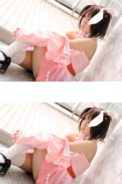 kipi-san, hinomori mina, pia carrot (series), pia carrot e youkoso!!, photo (medium), 1girl, apron, asian, bare shoulders, cosplay, detached sleeves, dutch angle, female focus, hair ribbon, hinomori mina (cosplay), indoors, looking at viewer, pout, ribbon, solo, thighhighs, twintails, waitress, waitress uniform, white thighhighs, zettai ryouiki