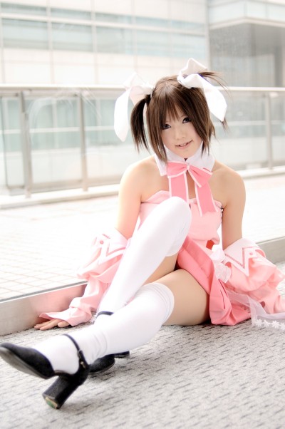 kipi-san, hinomori mina, pia carrot (series), pia carrot e youkoso!!, black footwear, photo (medium), 1girl, apron, asian, bare shoulders, cosplay, detached sleeves, female focus, hair ribbon, hinomori mina (cosplay), indoors, lace, looking at viewer, on floor, ribbon, sitting, solo, thighhighs, twintails, waitress, waitress uniform, white thighhighs, zettai ryouiki