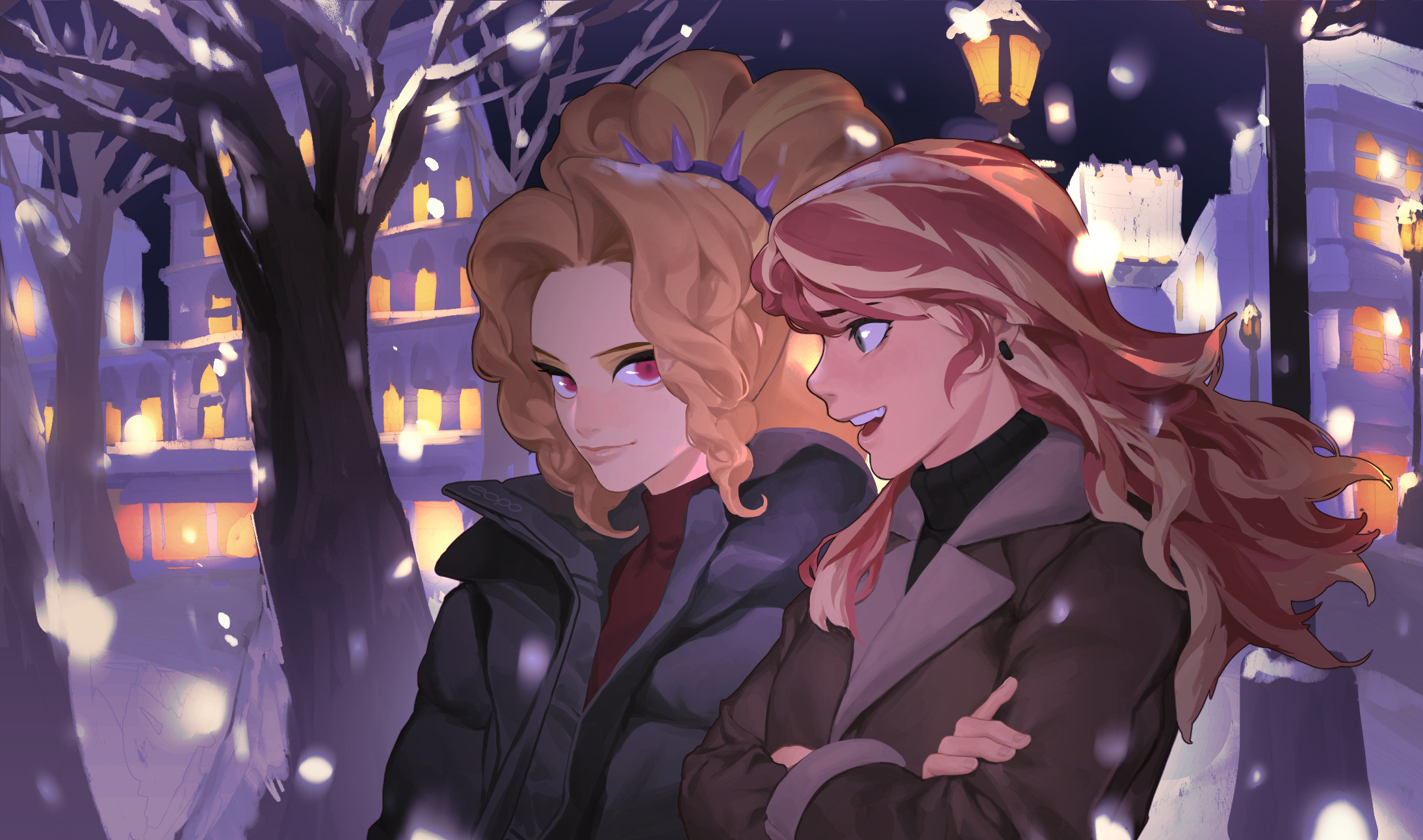 eosatto (eo4tto), adagio dazzle, adagio dazzle (human), sunset shimmer, sunset shimmer (human), my little pony, my little pony: equestria girls, my little pony: friendship is magic, highres, 2girls, :d, bare tree, black jacket, black sky, black sweater, blonde hair, brown jacket, building, closed mouth, crossed arms, curly hair, curtained hair, earrings, fingernails, fur-trimmed sleeves, fur trim, green eyes, hairband, high ponytail, jacket, jewelry, lamppost, lapels, long hair, long sleeves, looking at another, multicolored hair, multiple girls, night, open clothes, open jacket, open mouth, outdoors, pink eyes, ponytail, profile, puffy long sleeves, puffy sleeves, purple hairband, red hair, red sweater, ribbed sweater, sky, smile, snowing, spiked hairband, spikes, streaked hair, sweater, teeth, tree, turtleneck, turtleneck sweater, two-tone hair, upper body, upper teeth only, wavy hair