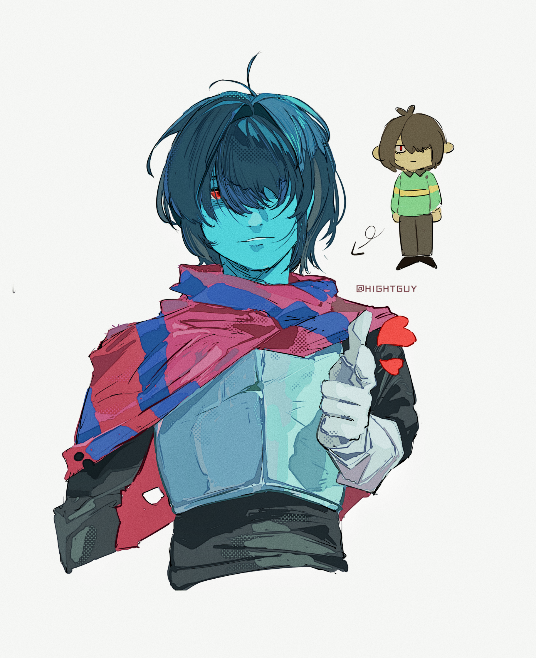 hightguy, kris (dark world) (deltarune), kris (deltarune), deltarune, utdr (toby fox), commentary, highres, symbol-only commentary, 2others, antenna hair, arm at side, armored gloves, arrow (symbol), artist name, black shirt, blue hair, blue scarf, blue skin, brown hair, colored skin, cropped torso, dual persona, elbow gloves, film grain, foreshortening, gloves, grey background, grey gloves, hair over one eye, halftone, heart, multiple others, other focus, parted lips, pink scarf, pointing, pointing at viewer, red eyes, scarf, shirt, short hair, simple background, smile, solo focus, striped clothes, striped scarf, two-tone scarf