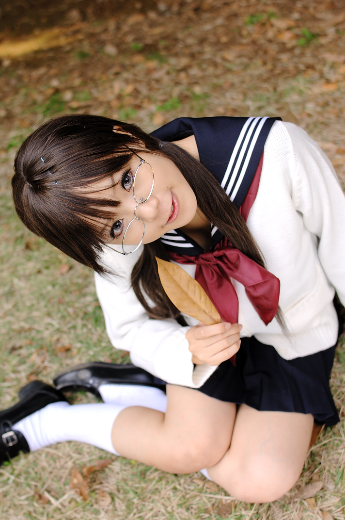kipi-san, masuda shizuka, final approach, photo (medium), 1girl, asian, breasts, brown hair, color contacts, cosplay, female focus, glasses, leaf, lensless glasses, long hair, looking at viewer, masuda shizuka (cosplay), mole, outdoors, school uniform, serafuku, small breasts, socks, solo, twintails