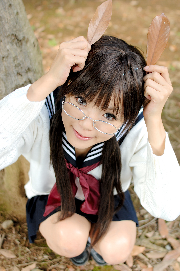 kipi-san, masuda shizuka, final approach, photo (medium), 1girl, asian, blue eyes, breasts, brown hair, color contacts, cosplay, female focus, glasses, leaf, lensless glasses, long hair, looking at viewer, masuda shizuka (cosplay), mole, outdoors, school uniform, serafuku, small breasts, socks, solo, squatting, tree, twintails