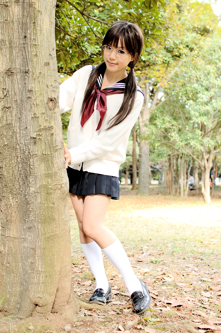 kipi-san, masuda shizuka, final approach, photo (medium), 1girl, asian, breasts, brown hair, cosplay, female focus, glasses, leaf, lensless glasses, long hair, looking at viewer, masuda shizuka (cosplay), outdoors, park, school uniform, serafuku, small breasts, socks, solo, tree, twintails