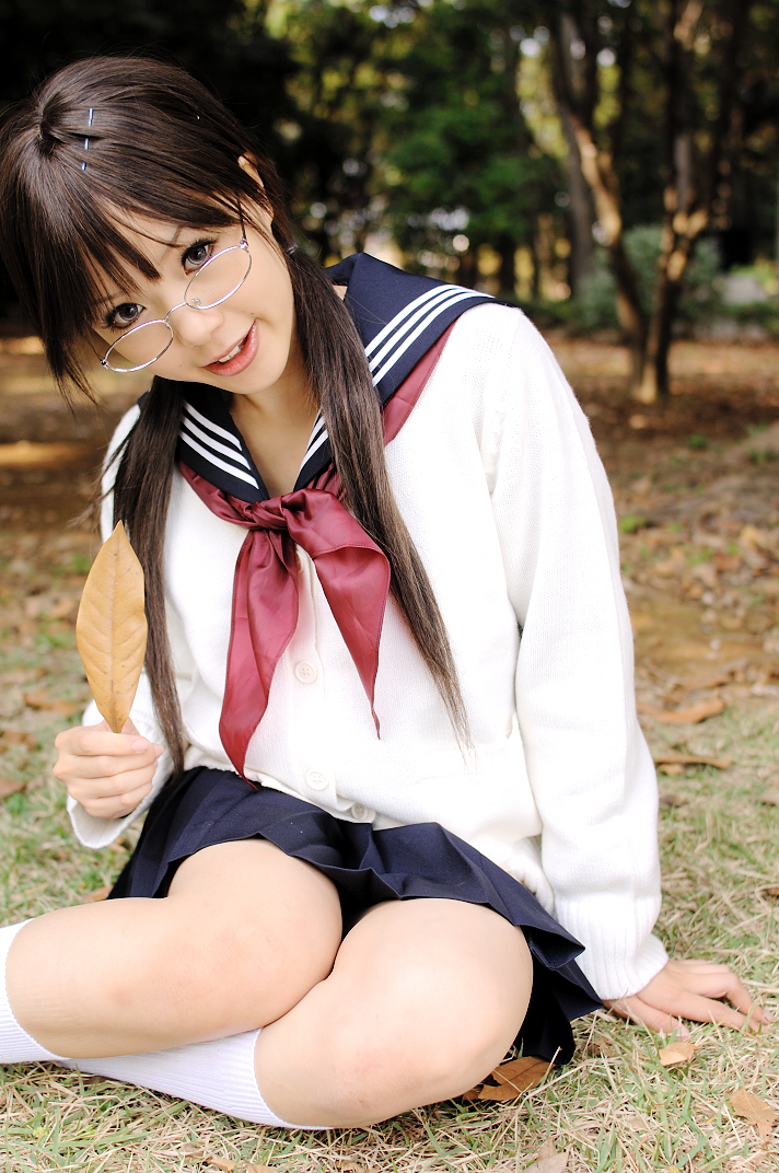 kipi-san, masuda shizuka, final approach, photo (medium), 1girl, asian, breasts, brown hair, color contacts, cosplay, female focus, glasses, lensless glasses, long hair, looking at viewer, masuda shizuka (cosplay), mole, outdoors, school uniform, serafuku, sitting, small breasts, socks, solo, twintails, yokozuwari