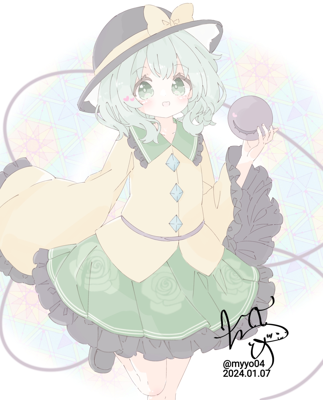chame (myyo04), komeiji koishi, touhou, commentary request, highres, 1girl, black hat, bow, buttons, dated, diamond button, eyeball, floral print, frilled shirt collar, frilled skirt, frilled sleeves, frills, green hair, green skirt, hat, hat bow, leg up, long sleeves, open mouth, print skirt, rose print, shirt, signature, skirt, smile, solo, third eye, twitter username, wide sleeves, yellow bow, yellow shirt