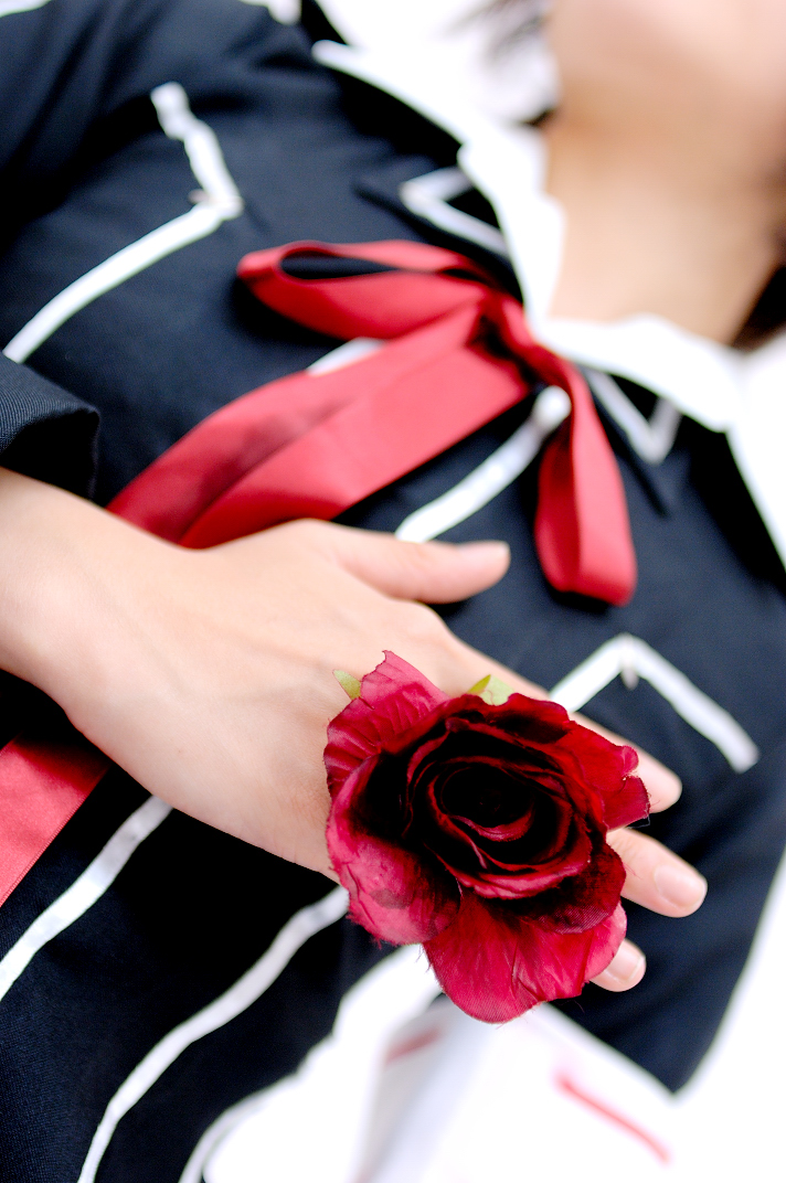 kipi-san, kurosu yuuki, vampire knight, photo (medium), 1girl, armband, asian, close-up, cosplay, female focus, flower, kurosu yuuki (cosplay), rose, school uniform, simple background, solo, white background