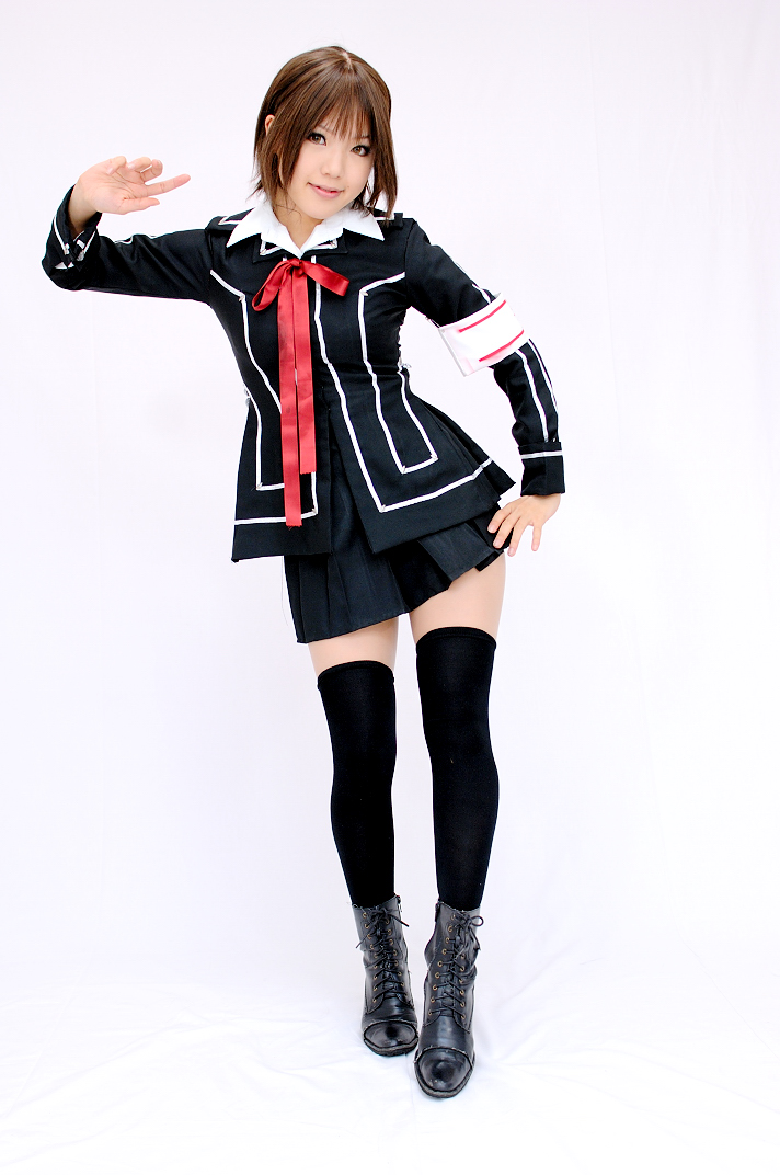 kipi-san, kurosu yuuki, vampire knight, photo (medium), 1girl, armband, asian, boots, brown eyes, brown hair, cosplay, female focus, kurosu yuuki (cosplay), looking at viewer, school uniform, simple background, solo, thighhighs, white background, zettai ryouiki