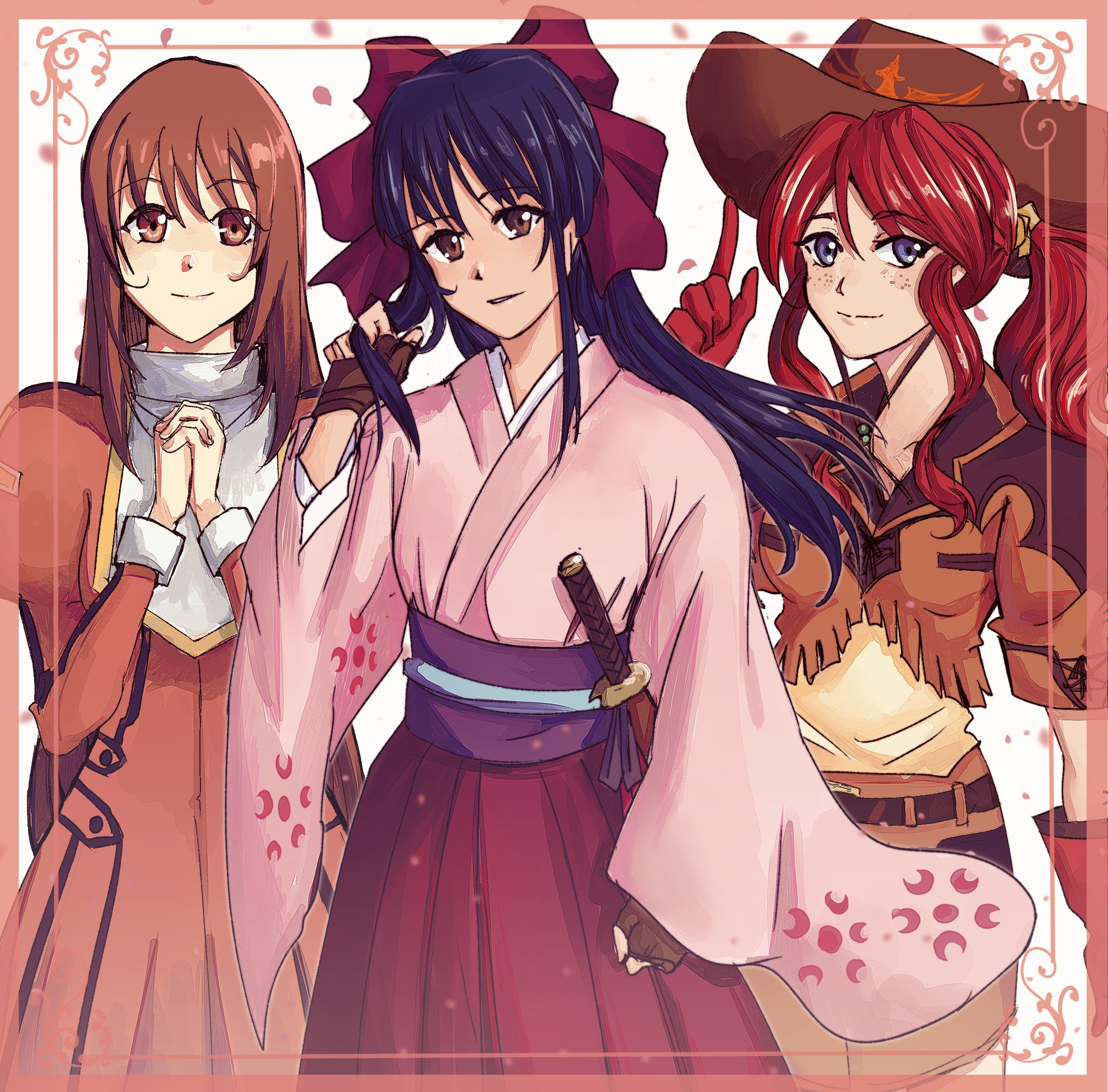 erica fontaine, gemini sunrise, shinguuji sakura, sakura taisen, sakura taisen iii, sakura taisen v, highres, 3girls, black hair, blue eyes, blush, brown eyes, brown hair, collar, cowboy hat, cowboy western, cross, dress, floral print, freckles, gloves, hair ribbon, hand in own hair, hat, hat tip, jacket, japanese clothes, juliet sleeves, katana, kimono, latin cross, long hair, long sleeves, looking at viewer, multiple girls, orange jacket, orange skirt, own hands clasped, own hands together, pink kimono, ponytail, puffy sleeves, red dress, red gloves, red hair, red ribbon, red skirt, ribbon, shirt, sidelocks, skirt, smile, sword, weapon, white collar, wings, yellow shirt, yuukinaime
