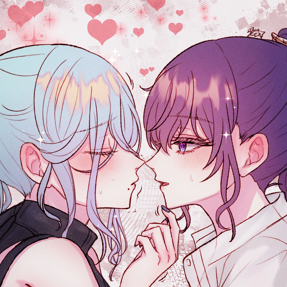 kitanonya, asahina mafuyu, hinomori shizuku, project sekai, commentary request, 2girls, bare shoulders, black nails, black sweater, blue hair, blush, buttons, closed eyes, closed mouth, collared shirt, eyelashes, eyes visible through hair, face-to-face, facing another, film grain, from side, grey background, hair between eyes, hair ornament, hair scrunchie, hand on another's chin, hand up, heart, heart background, high ponytail, long hair, looking at another, mole, mole under mouth, multiple girls, nail polish, noses touching, open mouth, ponytail, portrait, profile, purple eyes, purple hair, raised inner eyebrows, ribbed sweater, scrunchie, shirt, sidelocks, simple background, sleeveless, sleeveless sweater, sleeveless turtleneck, sweater, tongue, tsurime, turtleneck, u u, wavy hair, white scrunchie, white shirt, yuri