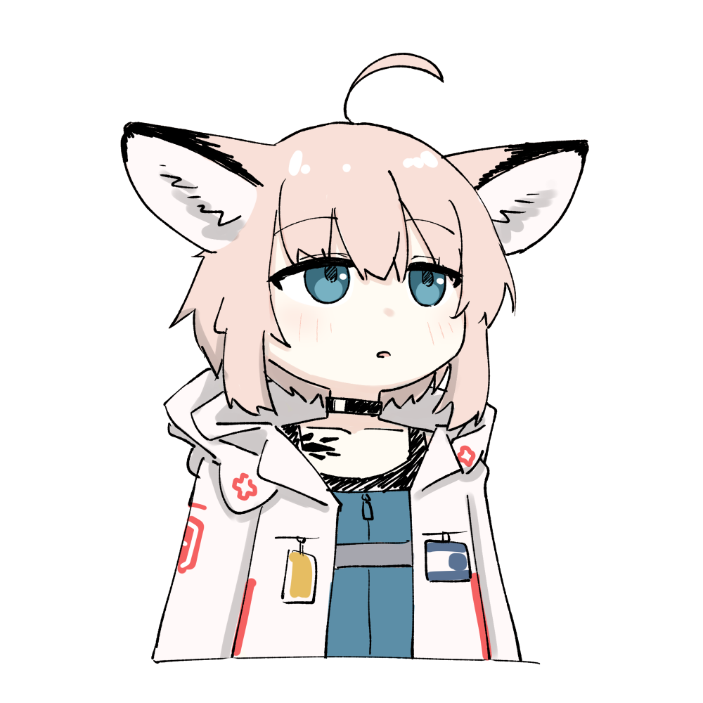 kamihine, sussurro (arknights), arknights, 1girl, ahoge, animal ears, black choker, blue eyes, choker, coat, cropped torso, fox ears, fox girl, hood, hooded coat, lab coat, material growth, open mouth, oripathy lesion (arknights), pink hair, short hair, simple background, solo, transparent background, white coat