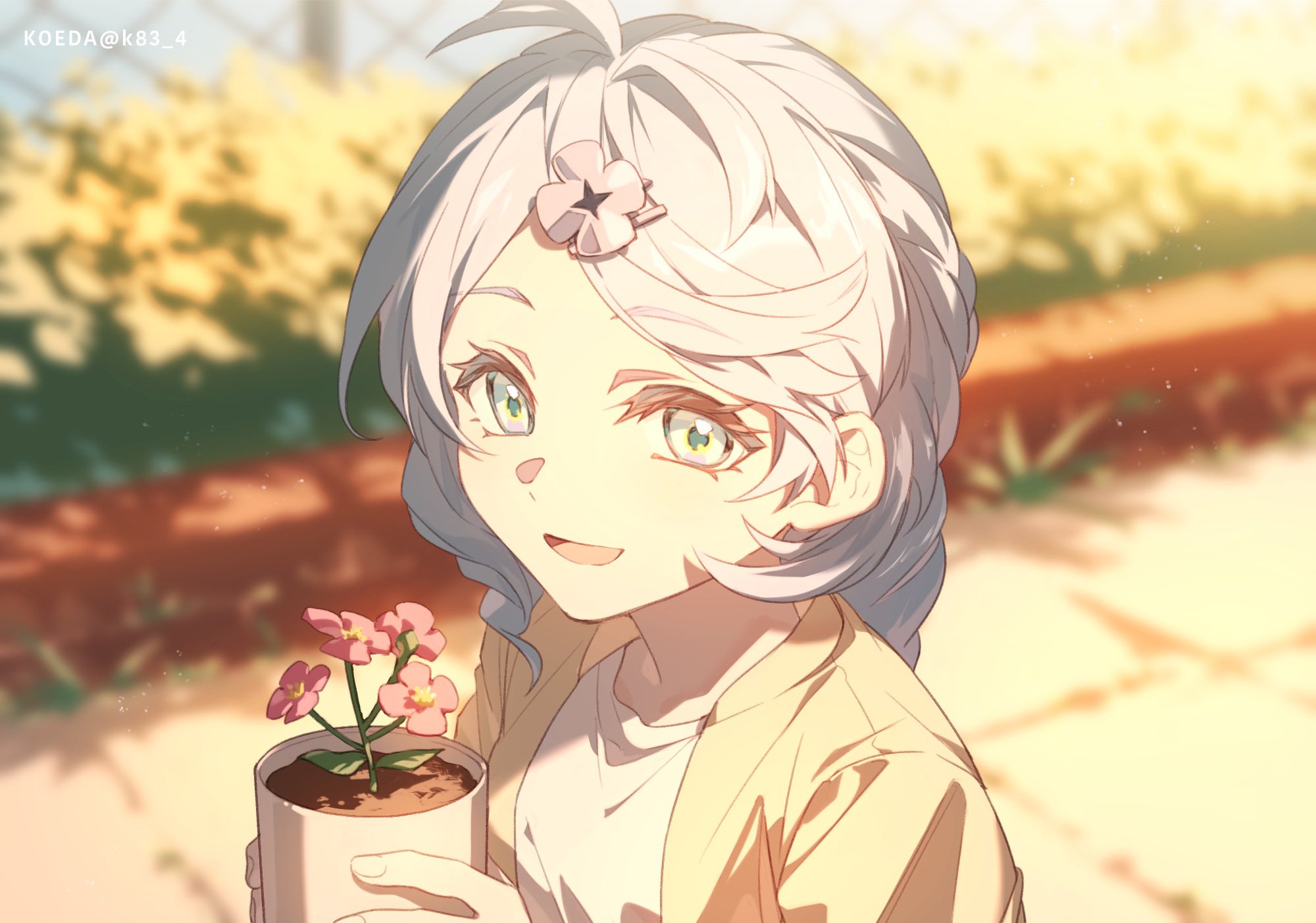 koeda (k83 4), seed (zenless zone zero), zenless zone zero, highres, 1girl, ahoge, blue eyes, blue hair, blurry, blurry background, chain-link fence, eyelashes, fence, flower, flower pot, hair ornament, holding, holding flower pot, jacket, open clothes, open jacket, open mouth, pink flower, shirt, solo, upper body, white shirt, yellow jacket