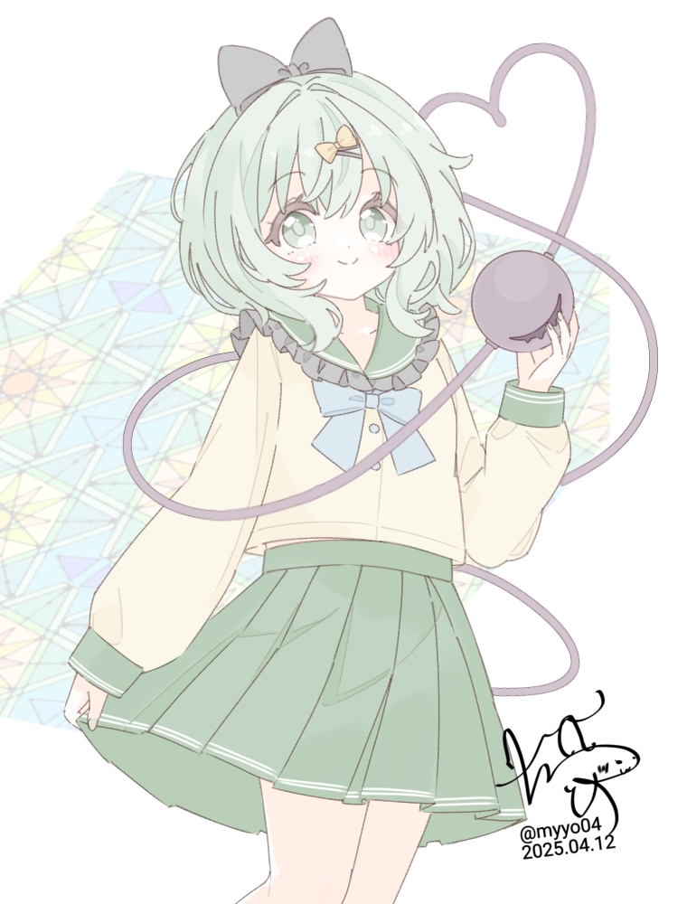 chame (myyo04), komeiji koishi, touhou, commentary request, 1girl, blue bow, blue bowtie, blush, bow, bowtie, closed mouth, collared shirt, dated, eyeball, frilled shirt collar, frills, green eyes, green hair, green skirt, hat, heart, heart of string, long hair, long sleeves, looking at viewer, pleated skirt, shirt, signature, skirt, smile, solo, third eye, twitter username, yellow shirt
