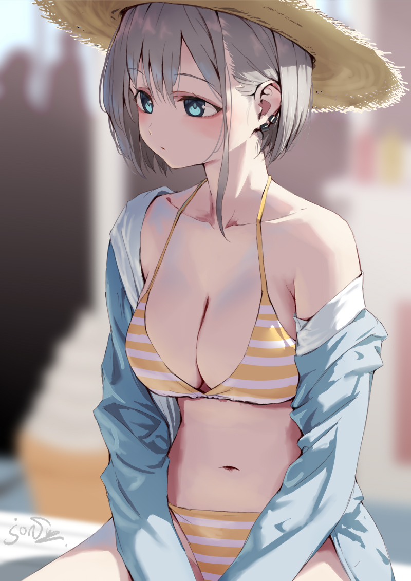 jonsun, riku (jonsun), original, 1girl, blue eyes, blurry, blurry background, breasts, collarbone, grey hair, hat, large breasts, navel, short hair, signature, solo, straw hat, yellow hat