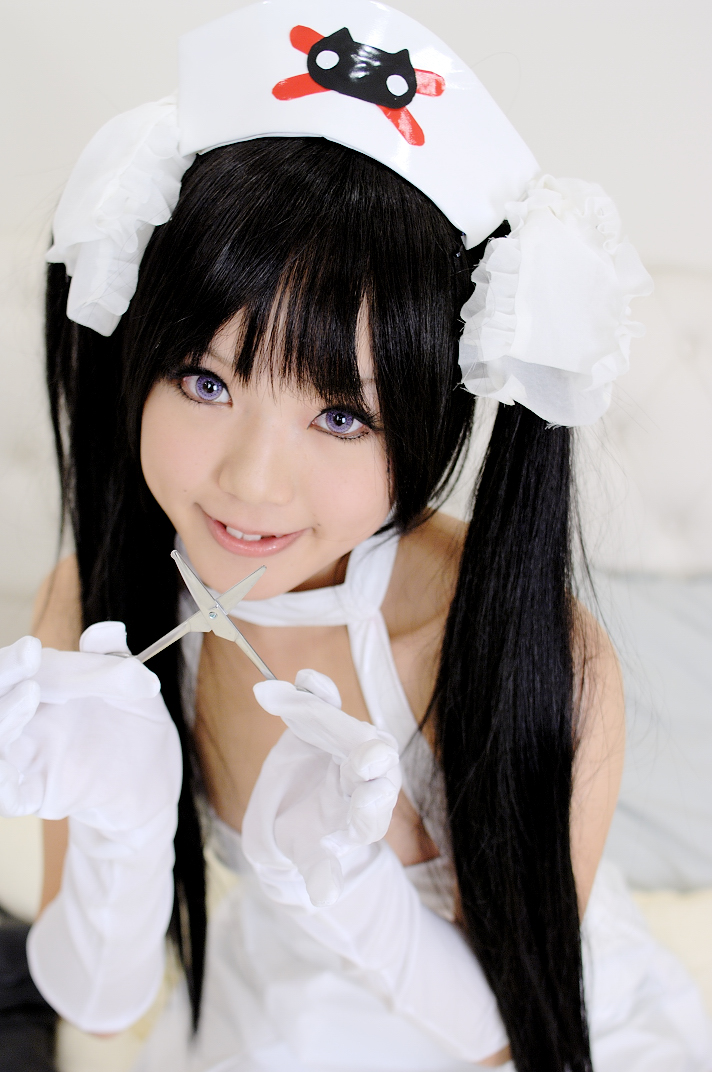 kipi-san, ruriko nasu, pure trance, real life, cosplay photo, photo (medium), 1girl, asian, black hair, bow, breasts, color contacts, cosplay, elbow gloves, female focus, gloves, hair bow, indoors, long hair, looking at viewer, nurse, purple eyes, ruriko nasu (cosplay), scissors, small breasts, smile, solo, twintails
