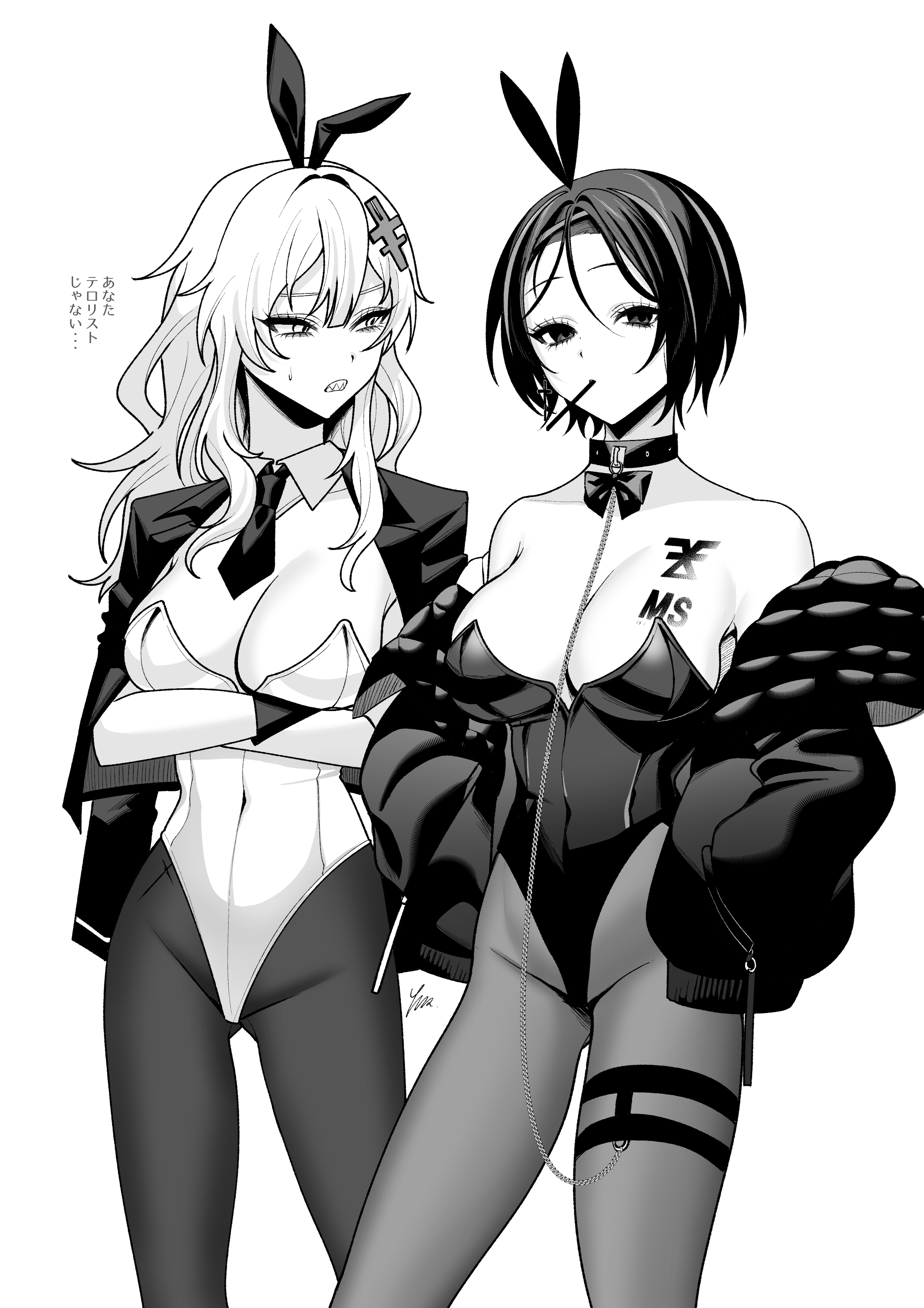 ymr yamero, crow (nikke), yulha (nikke), goddess of victory: nikke, absurdres, highres, translation request, 2girls, alternate costume, animal ears, breast tattoo, chest tattoo, greyscale, leotard, monochrome, multiple girls, pantyhose, playboy bunny, rabbit ears, sign of khorne, simple background, tattoo, white background