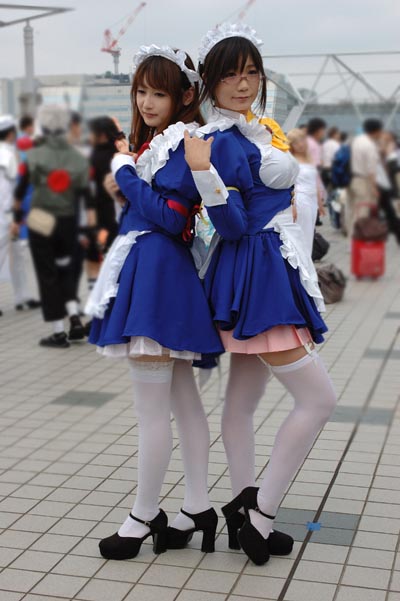 chocoball, photo (medium), 2girls, apron, asian, cosplay, maid, maid apron, multiple girls, thighhighs