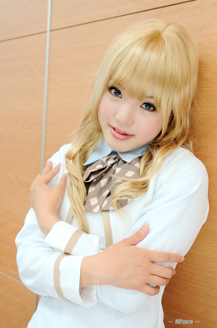 kipi-san, konohana hikari, strawberry panic!, photo (medium), 1girl, asian, blonde hair, blue eyes, color contacts, cosplay, female focus, konohana hikari (cosplay), looking at viewer, mole, school uniform, solo