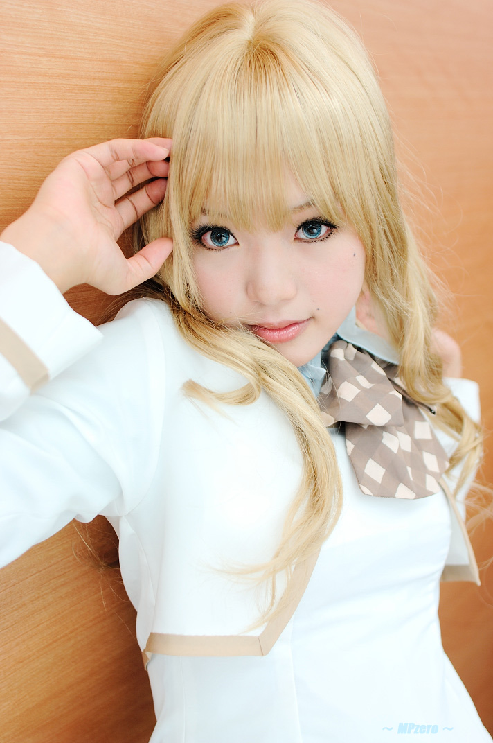kipi-san, konohana hikari, strawberry panic!, photo (medium), 1girl, asian, blonde hair, blue eyes, color contacts, cosplay, female focus, konohana hikari (cosplay), looking at viewer, mole, school uniform, solo