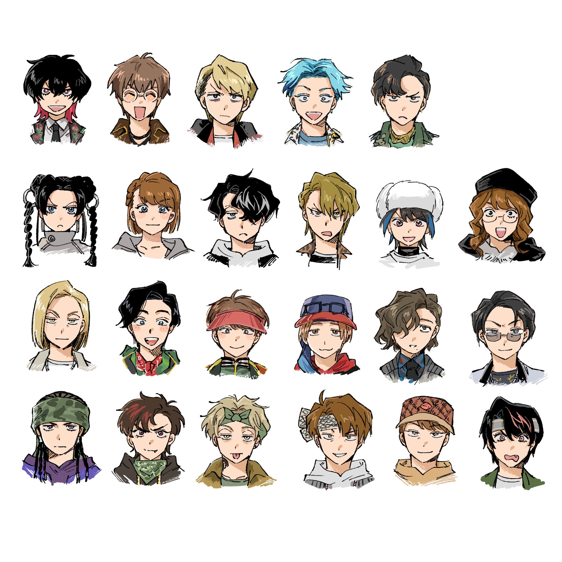 hypnosis mic, hypnosis mic: rule the stage, clothing request, commentary request, highres, 2girls, 6+boys, :/, :3, :d, ^ ^, ahoge, akanegakubo ryoutarou, akune rindo, amatsumi inori, amatsumi itsuka, animal print, arima seigen, asymmetrical bangs, asymmetrical hair, bags under eyes, bandana, bandana around neck, baseball cap, beret, black hair, black hat, black necktie, blonde hair, blue eyes, blue eyeshadow, blue hair, blue headband, blue shirt, blush, bob cut, braid, bright pupils, brown eyes, brown hair, brown hat, brown jacket, camouflage, camouflage bandana, choppy bangs, closed eyes, cocked eyebrow, collared shirt, cornrows, cropped shoulders, curtained hair, desperado-004, detached hair, douan kazusato, doutonbori divers, earrings, everyone, eyeshadow, eyewear on headwear, fang, formal clothes, frown, fur hat, furrowed brow, glasses, gold necklace, green bandana, green jacket, green shirt, grey headband, grey hoodie, grin, hair between eyes, hair over one eye, hat, headband, headscarf, high collar, hisakaze shion, hood, hood down, hoodie, hoozuki jinpachi, igari ranmaru, jacket, jewelry, jikuuin joubu, jitome, kirimura tokuma, kokuri ryouzan, komagata masamune, lapels, layered shirt, light smile, long hair, looking at viewer, ma ho syoujyo, makeup, mature eyes, medium hair, mullet, multicolored hair, multiple boys, multiple girls, neck tattoo, necklace, necktie, north bastard, onigawara bombers, oogimachi suguri, oogumo danjyo, open mouth, parted hair, parted lips, peanut mouth, pink hair, pinstripe pattern, pinstripe suit, portrait, purple hoodie, purple jacket, raised eyebrows, rectangular mouth, red bandana, red eyes, red hoodie, sakiyama yoshitsune, saragi kenei, shirakumo mahiru, shirt, short hair, simple background, smile, smirk, straight-on, straight hair, streaked hair, suit, sunglasses, sweatband, swept bangs, takanashi haru (hypnosis mic: rule the stage), takarai hiyori, tareme, tattoo, teeth, tongue, tongue out, track jacket, triangle mouth, tsurime, turtleneck, twin braids, two-tone hair, two-tone hat, upper teeth only, ushanka, v-shaped eyebrows, very short hair, visor cap, watamoto hirotaka, wavy hair, westend-mafia, white background, white hat, white headband, white hoodie, white pupils, white shirt, wide-eyed, yagasaki ibuki, yellow eyes, yellow hoodie, yougou doushirou
