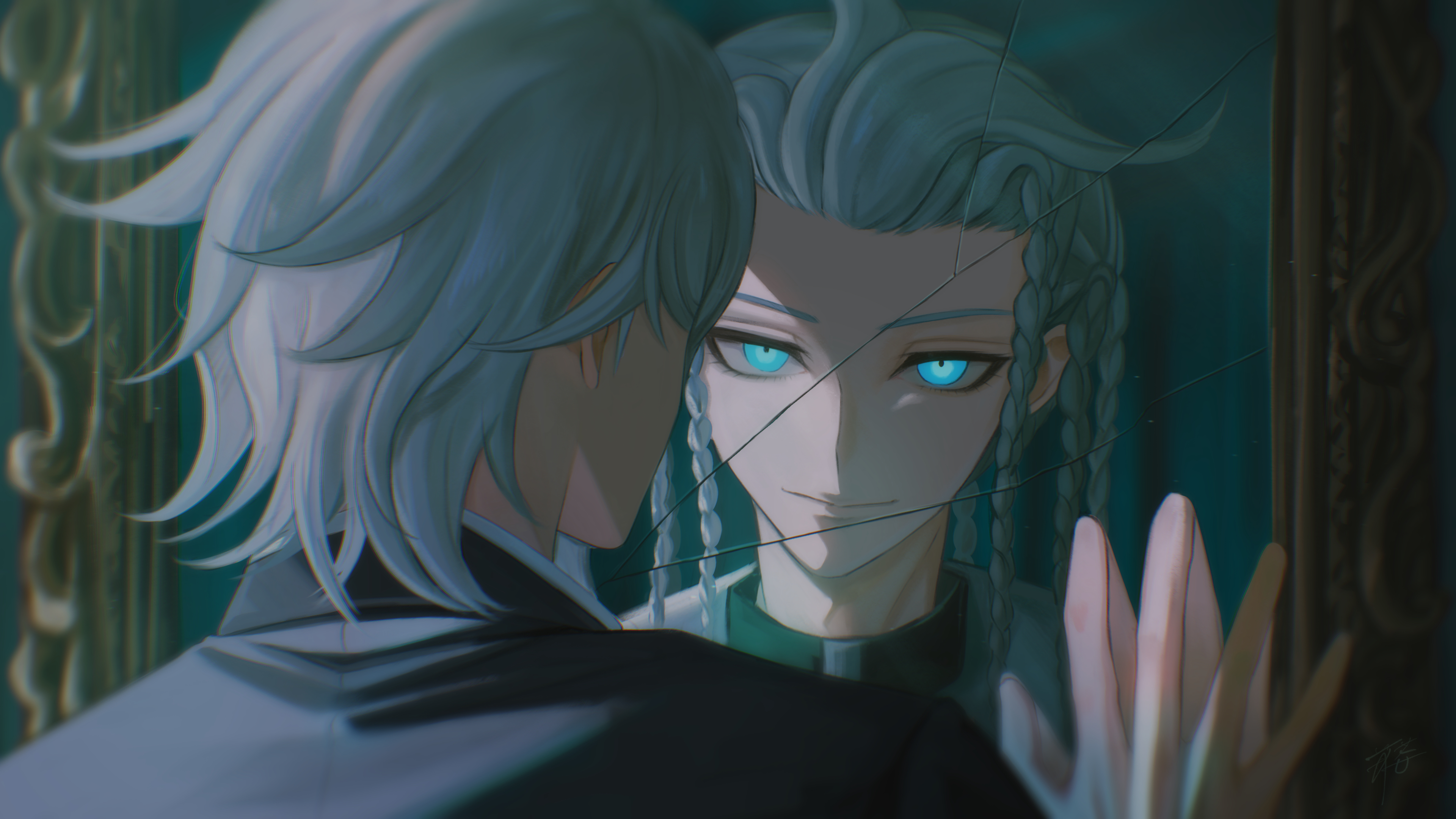hira icigocha, tribe nine, absurdres, commentary request, highres, 2boys, blue eyes, braid, broken mirror, crack, cracked glass, different reflection, glowing, glowing eyes, hand on mirror, kamiya shun, long hair, looking at viewer, male focus, mirror, multiple boys, multiple braids, reflection, short hair, smile, white hair, zero (tribe nine)