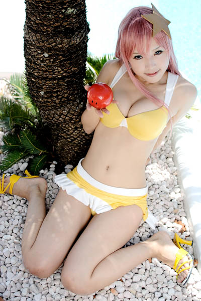 kipi-san, haro, meer campbell, gundam, gundam seed, gundam seed destiny, photo (medium), 1girl, asian, bikini, breasts, cleavage, cosplay, female focus, high heels, long hair, looking at viewer, meer campbell (cosplay), pink hair, sitting, solo, swimsuit, wariza, yellow bikini
