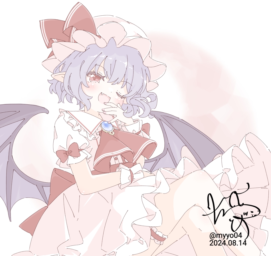 chame (myyo04), remilia scarlet, touhou, commentary request, 1girl, ascot, bat wings, blue brooch, bow, brooch, collared shirt, crossed legs, dated, fang, frilled shirt collar, frilled thigh strap, frills, hat, hat ribbon, jewelry, looking at viewer, mob cap, one eye closed, open mouth, pink hat, pink shirt, pink skirt, pointy ears, puffy short sleeves, puffy sleeves, purple hair, red ascot, red bow, red eyes, ribbon, shirt, short sleeves, signature, skirt, sleeve bow, smile, solo, thigh strap, twitter username, wings, wrist cuffs
