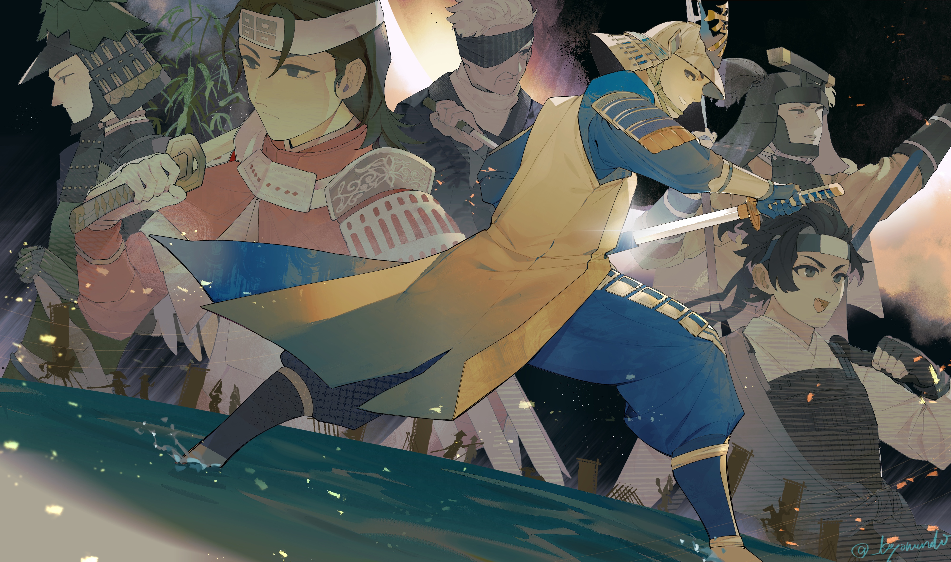 kyomunohi, sengoku basara, absurdres, commentary request, highres, 6+boys, amago haruhisa (sengoku basara), anegakoji yoritsuna (sengoku basara), armor, black hair, blue headband, blue pants, eyepatch, grey eyes, grin, headband, helmet, holding, holding knife, holding sword, holding weapon, japanese armor, jinbaori, kabuto (helmet), katana, knife, looking ahead, looking at viewer, male focus, multiple boys, nanbu harumasa (sengoku basara), naoe kanetsugu (sengoku basara), pants, satake yoshishige (sengoku basara), sheath, short hair, smile, sword, unsheathing, utsunomiya hirotsuna (sengoku basara), weapon, white hair, white headband
