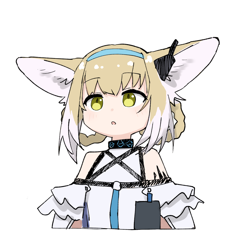 kamihine, infection monitor (arknights), suzuran (arknights), arknights, 1girl, ahoge, animal ears, bare shoulders, blonde hair, blue hairband, braid, braided hair rings, cropped torso, fox ears, fox girl, green eyes, hair rings, hairband, material growth, open mouth, oripathy lesion (arknights), short hair, simple background, solo, transparent background, twin braids