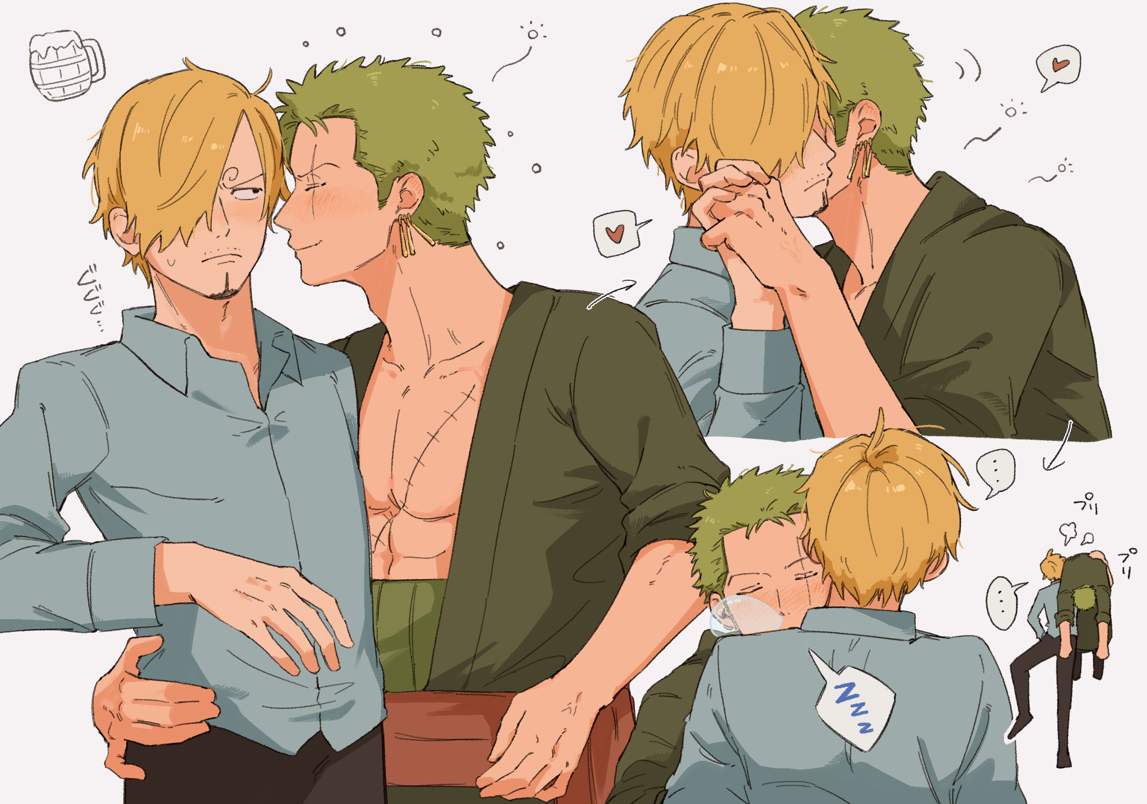 iqracha, roronoa zoro, sanji (one piece), one piece, commentary, highres, …, 2boys, alcohol, bare pectorals, beer, blonde hair, blue shirt, carrying over shoulder, closed eyes, collared shirt, curly eyebrows, earrings, facial hair, goatee, green hair, hair over one eye, hand on another's waist, heart, holding hands, hug, jewelry, kiss, long sleeves, male focus, multiple boys, mustache stubble, nose bubble, pectorals, shirt, short hair, sideburns, simple background, spoken ellipsis, spoken heart, spoken zzz, stitched torso, stitches, stubble, yaoi, zzz
