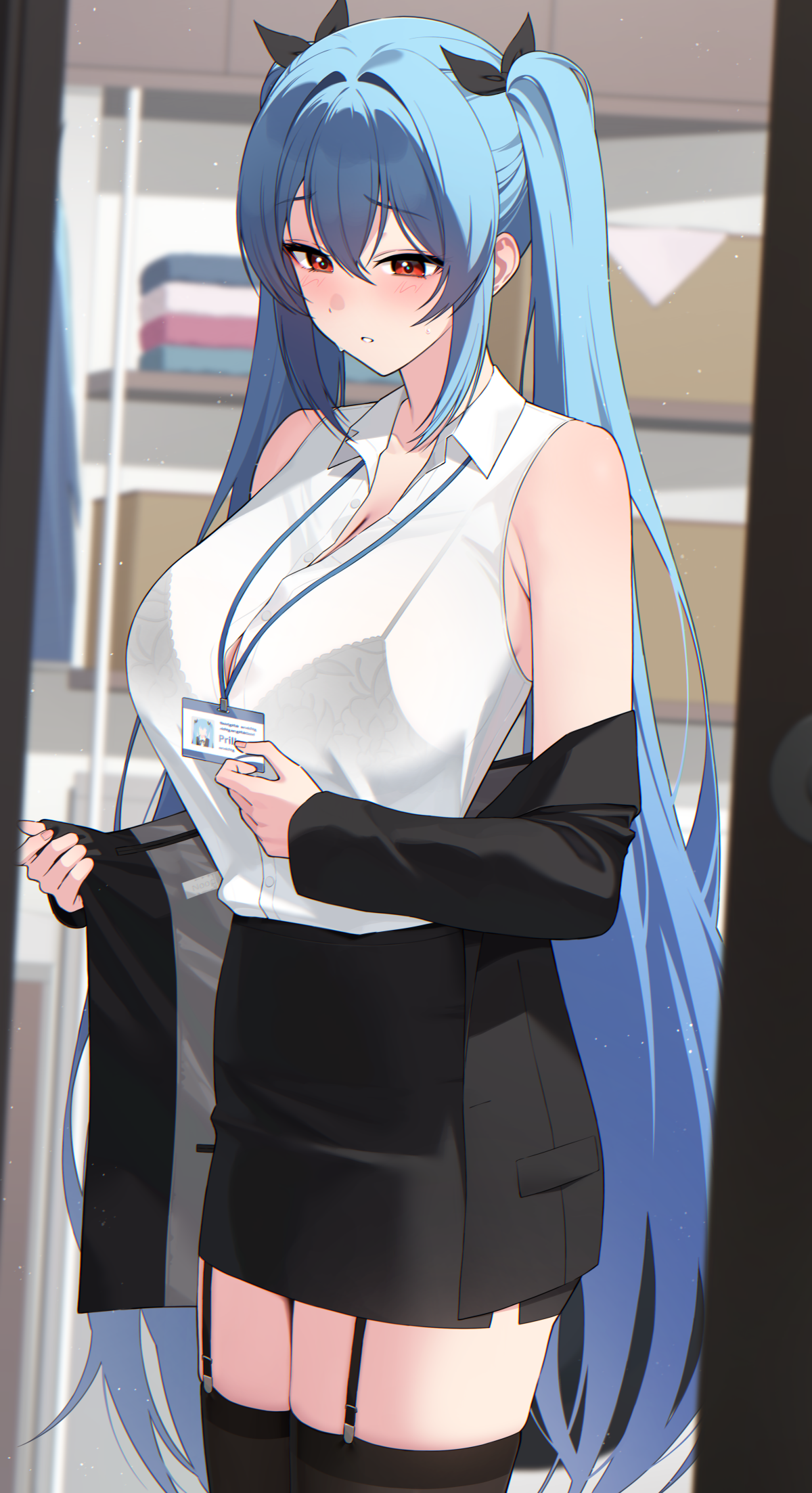 ziroqon, dungeon and fighter, original, commission, highres, 1girl, armpit crease, bare shoulders, black bra, black jacket, black skirt, black thighhighs, blue hair, blurry, bra, bra visible through clothes, breasts, button gap, cleavage, collared shirt, cowboy shot, depth of field, garter straps, hair between eyes, hair ribbon, high-waist skirt, id card, jacket, large breasts, long hair, looking down, miniskirt, off shoulder, open clothes, open jacket, parted lips, pencil skirt, red eyes, ribbon, shirt, shirt tucked in, sidelocks, skirt, sleeveless, sleeveless shirt, solo, string bra, sweatdrop, thighhighs, underwear, very long hair, white shirt, zettai ryouiki