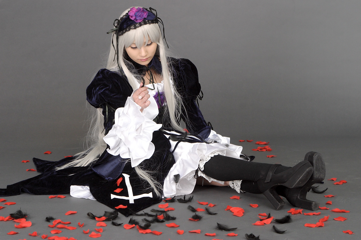 suzukaze yuuki, suigintou, rozen maiden, silver hair, photo (medium), cosplay, feathers, frills, kneehighs, petals, rose petals, socks