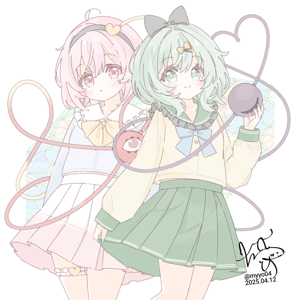 chame (myyo04), komeiji koishi, komeiji satori, touhou, commentary request, 2girls, :/, ahoge, arms at sides, blue bow, blue bowtie, blush, bow, bowtie, closed mouth, collared shirt, dated, dot nose, eyeball, frilled shirt collar, frilled thigh strap, frills, green eyes, green hair, green skirt, hair between eyes, hair ornament, hairband, hat, head tilt, heart, heart hair ornament, heart of string, long hair, long sleeves, looking at viewer, multiple girls, pink eyes, pink hair, pink skirt, pleated skirt, puffy long sleeves, puffy sleeves, shirt, siblings, signature, sisters, skirt, smile, solo, thigh strap, third eye, twitter username, yellow bow, yellow bowtie, yellow shirt
