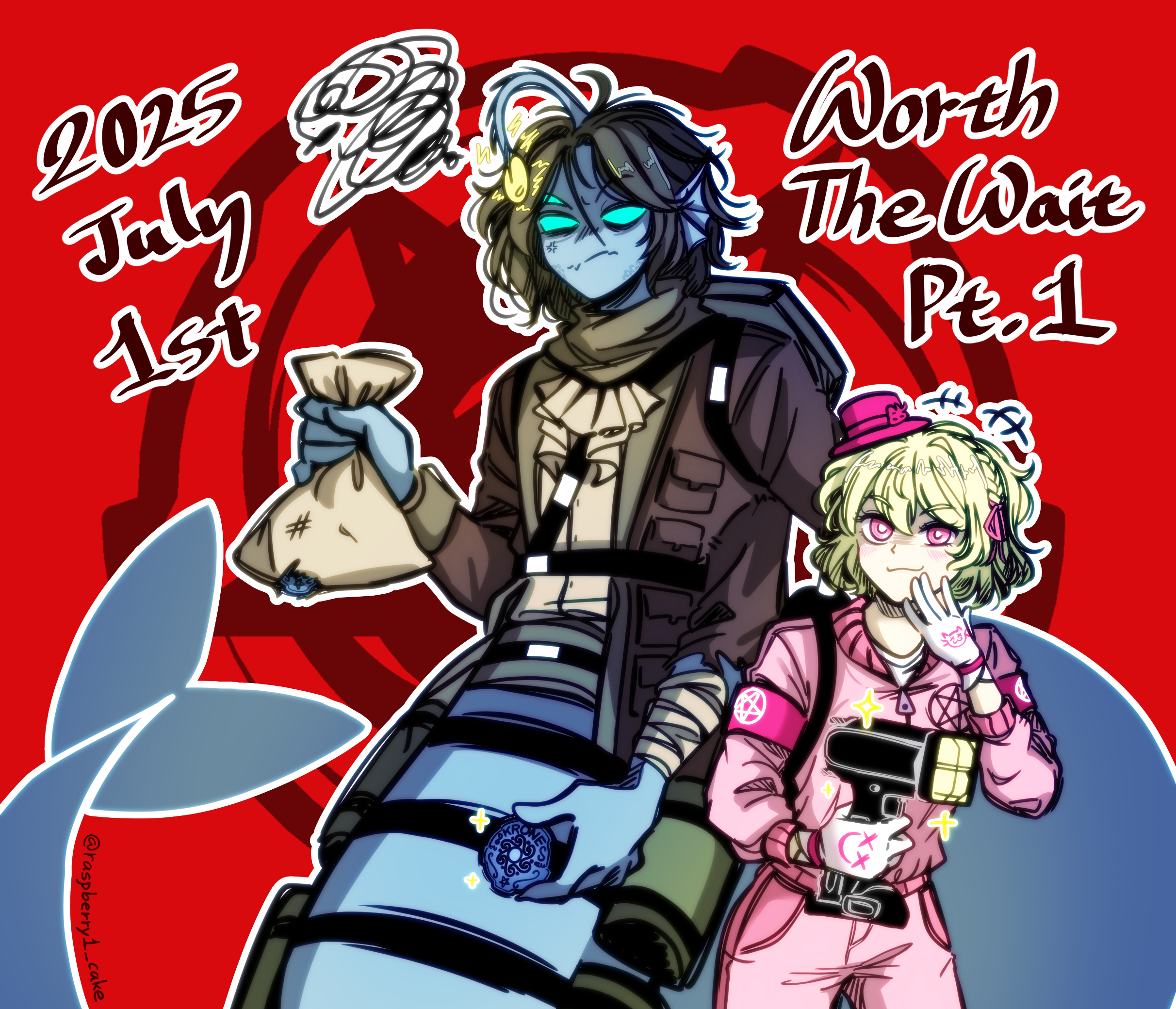 santtalgi keikeu, sebastian solace, original, pressure (roblox), roblox, commentary, english commentary, highres, object request, +++, 1boy, 1girl, 2025, :3, ||/, anglerfish boy, aqua sclera, armband, ascot, bag, bandaged arm, bandages, blue skin, braid, bright pupils, brown bag, brown jacket, closed mouth, colored sclera, colored skin, cowboy shot, dated, double-parted bangs, english text, extra arms, extra eyes, fins, frown, gloves, hair between eyes, hand on own cheek, hand on own face, hat, hat tip, hatching (texture), head fins, height difference, holding, holding bag, jacket, long sleeves, looking ahead, mini hat, mini top hat, oc x canon, open clothes, open jacket, outline, pants, pink armband, pink eyes, pink hat, pink jacket, pink pants, red background, shirt, short hair, simple background, single braid, sparkle, squiggle, standing, star (symbol), top hat, white ascot, white gloves, white outline, white pupils, white shirt, zipper