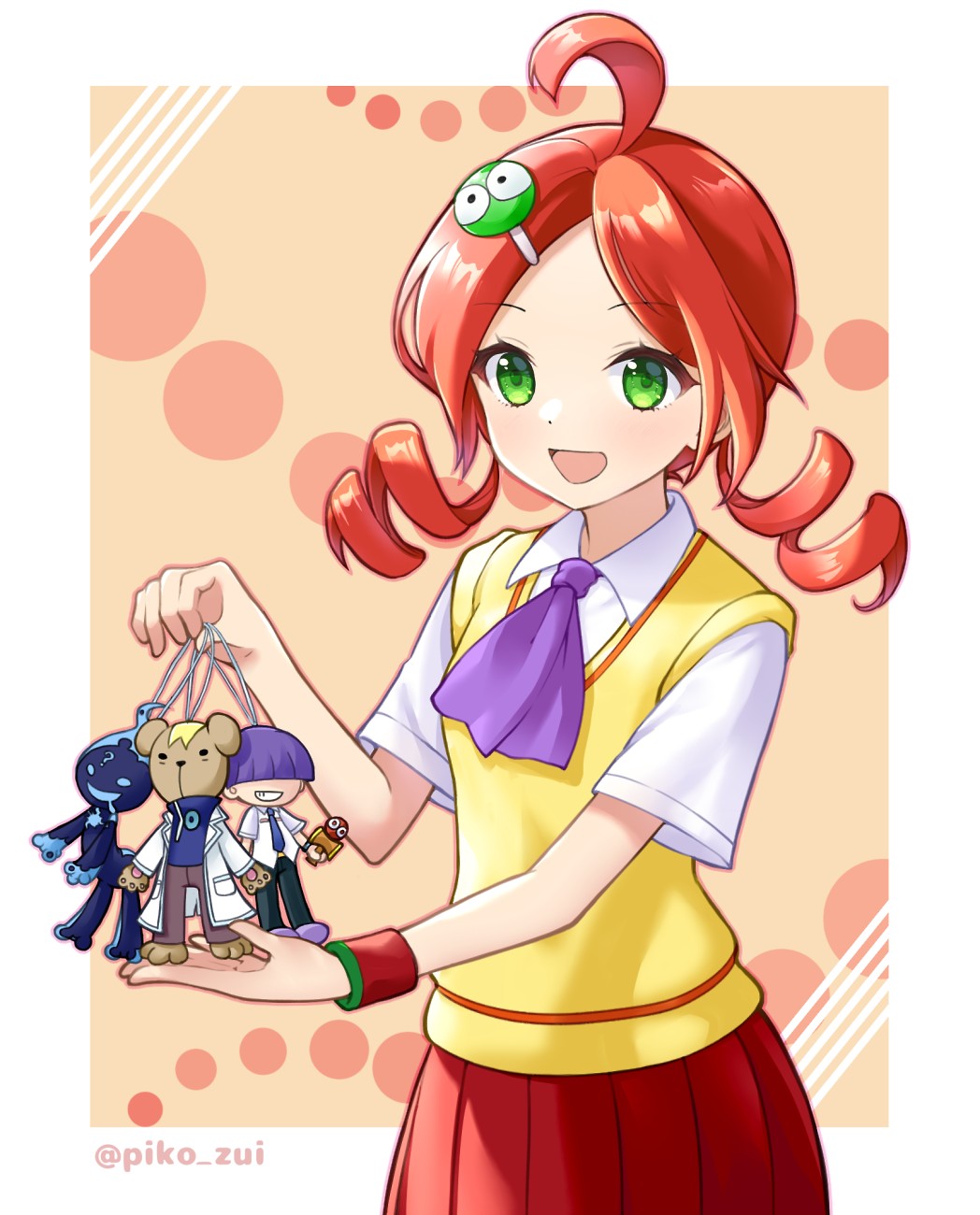 takazaki piko, andou ringo, ecolo (puyopuyo), risukuma (puyopuyo), sasaki maguro, puyopuyo, puyopuyo 20th anniversary, highres, 1girl, artist name, ascot, character doll, character hair ornament, cowboy shot, doll, drill hair, green eyes, hair ornament, purple ascot, red hair, red skirt, skirt, sweater vest, wristband, yellow sweater vest