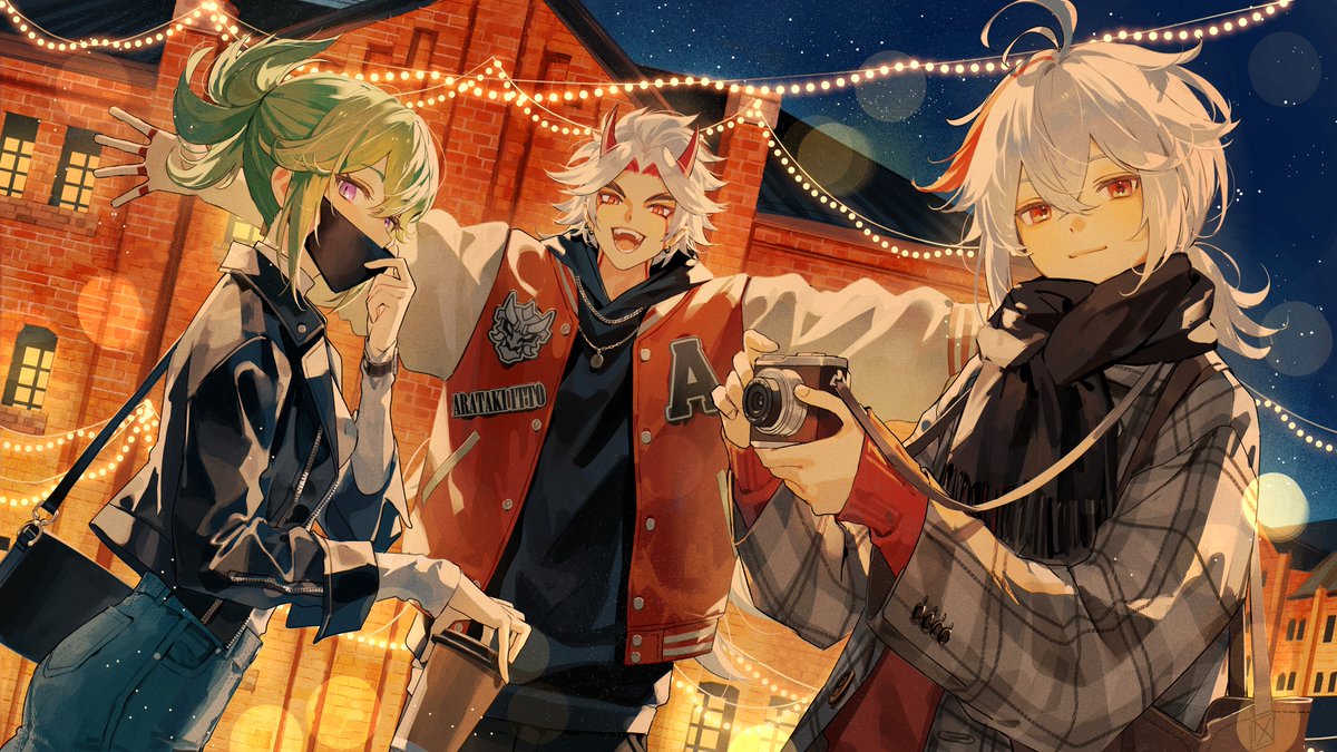 ugonba (howatoro), arataki itto, kaedehara kazuha, kuki shinobu, genshin impact, commentary request, 1girl, 2boys, alternate costume, bag, black hoodie, black jacket, black scarf, building, camera, crossed bangs, cup, denim, disposable cup, green hair, hair between eyes, holding, holding camera, holding cup, hood, hoodie, horns, jacket, jeans, jewelry, letterman jacket, long sleeves, looking at viewer, mask, mouth mask, multicolored hair, multiple boys, necklace, night, open clothes, open jacket, open mouth, outdoors, outstretched arms, pants, ponytail, purple eyes, red eyes, red hair, scarf, sleeves past wrists, streaked hair, white hair
