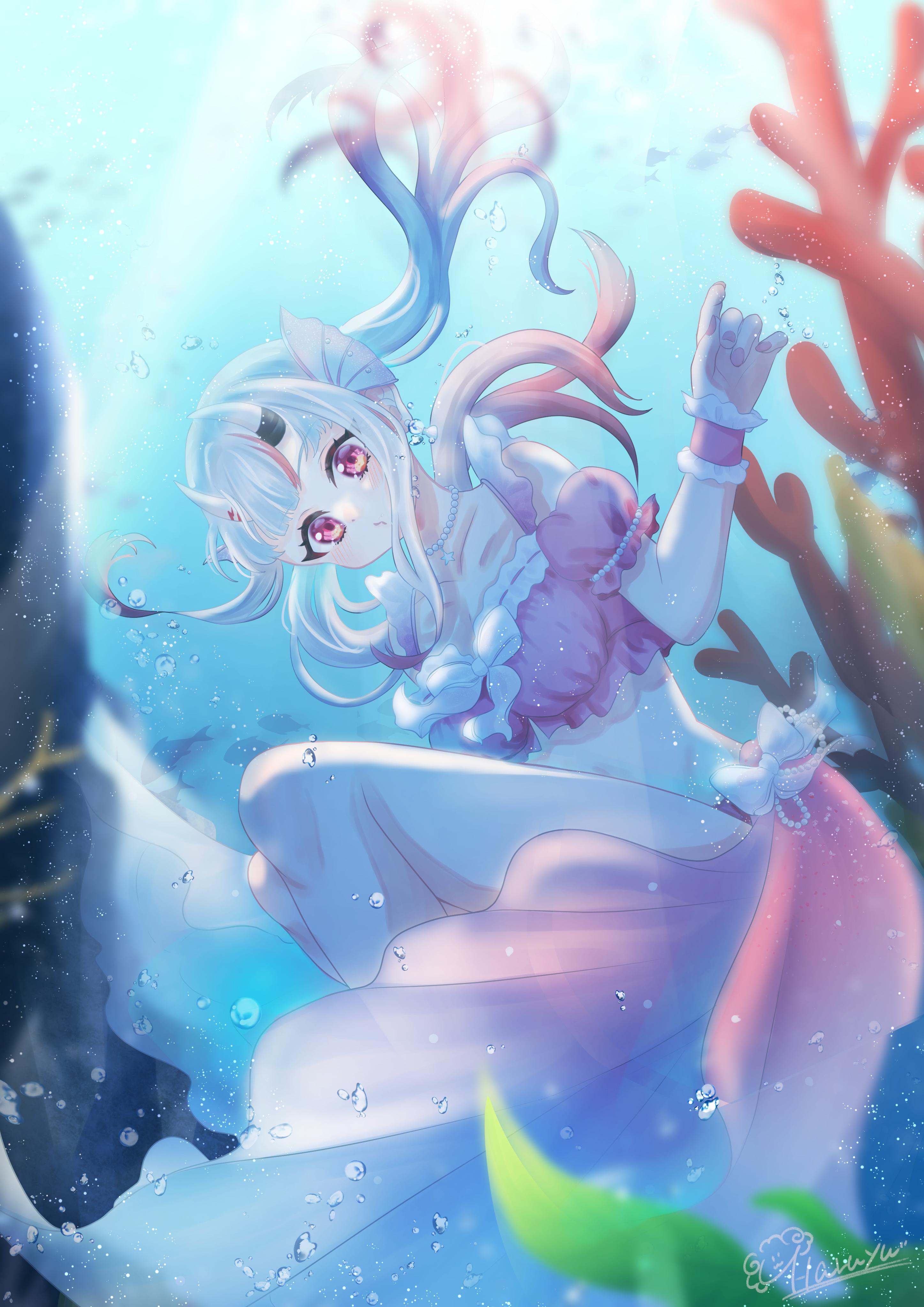 nakiri ayame, hololive, holonatsu paradise, absurdres, highres, 1girl, air bubble, bikini, breasts, bubble, coral, earrings, fish, gradient hair, horns, jewelry, long hair, looking at viewer, multicolored hair, necklace, pink bikini, red eyes, red hair, signature, solo, streaked hair, swimsuit, twintails, underwater, virtual youtuber, white hair, wrist cuffs