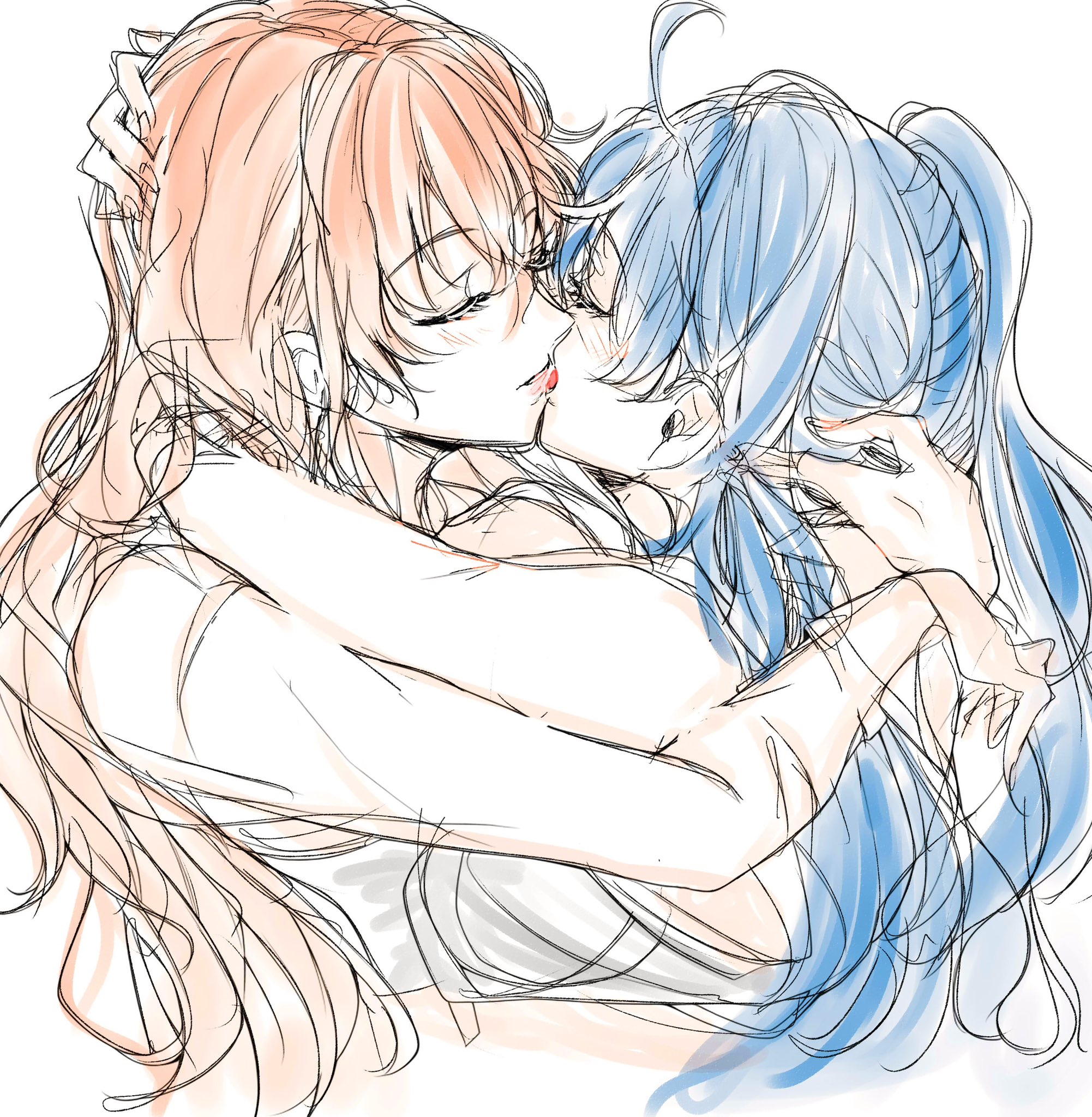 yurikure4, augusta (wuthering waves), iuno (wuthering waves), wuthering waves, commentary request, highres, 2girls, arms around neck, blue hair, blush, bra, closed eyes, french kiss, hand in another's hair, kiss, long hair, multiple girls, orange hair, simple background, underwear, upper body, white background, white bra, yuri