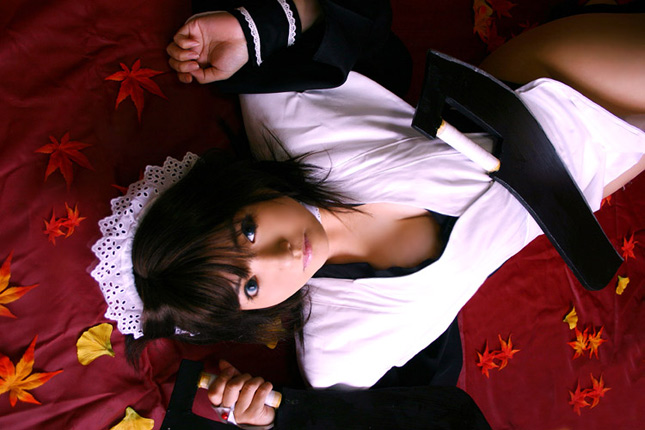 mizuhara arisa, iroha (samurai spirits), samurai spirits, snk, blade, photo (medium), 1girl, apron, breasts, cleavage, cosplay, hairband, iroha (samurai spirits) (cosplay), maid, maid apron